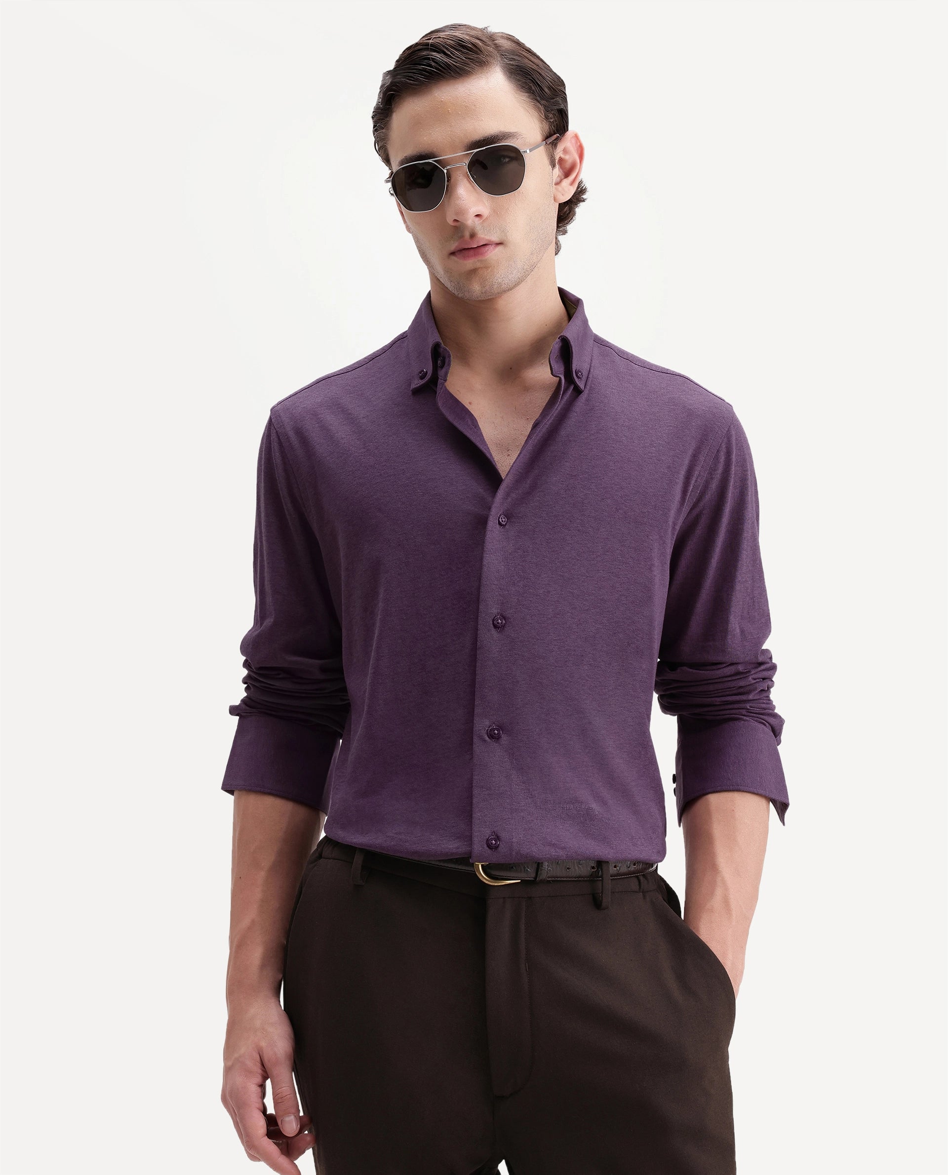Rare Rabbit Men's Kenway Purple Cotton Blend Button-Down Collar Regular Fit Plain Shirt