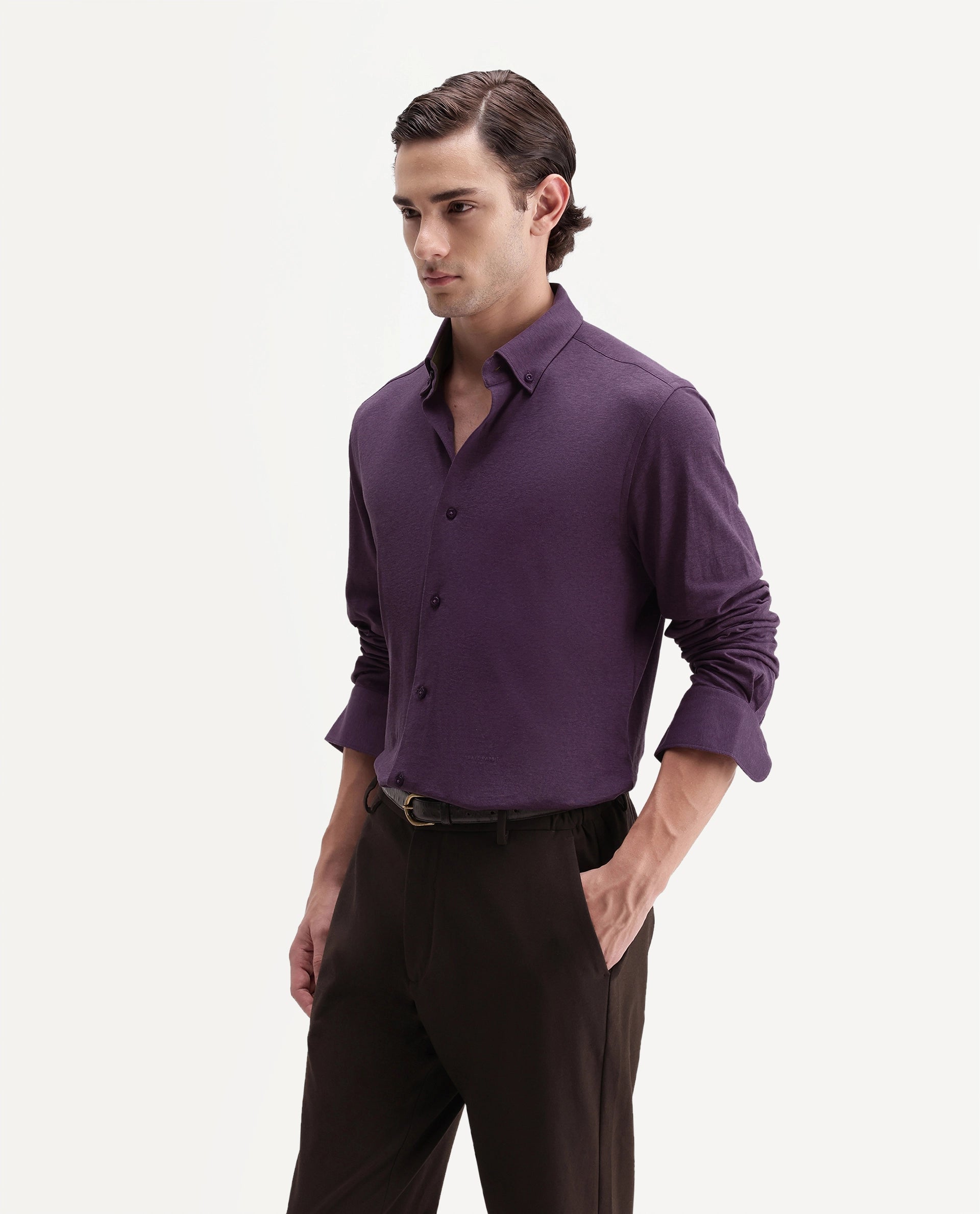 Rare Rabbit Men's Kenway Purple Cotton Blend Button-Down Collar Regular Fit Plain Shirt