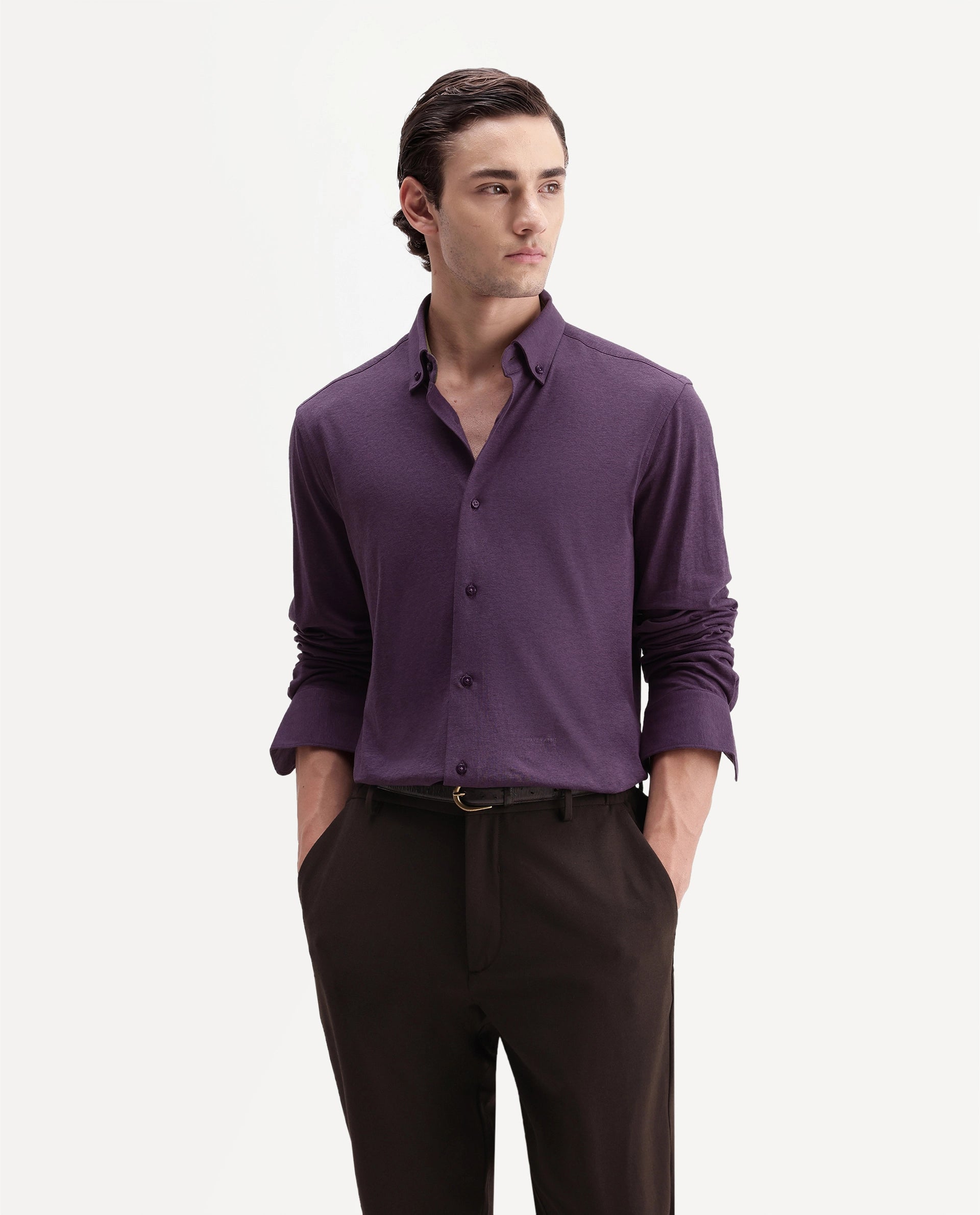 Rare Rabbit Men's Kenway Purple Cotton Blend Button-Down Collar Regular Fit Plain Shirt