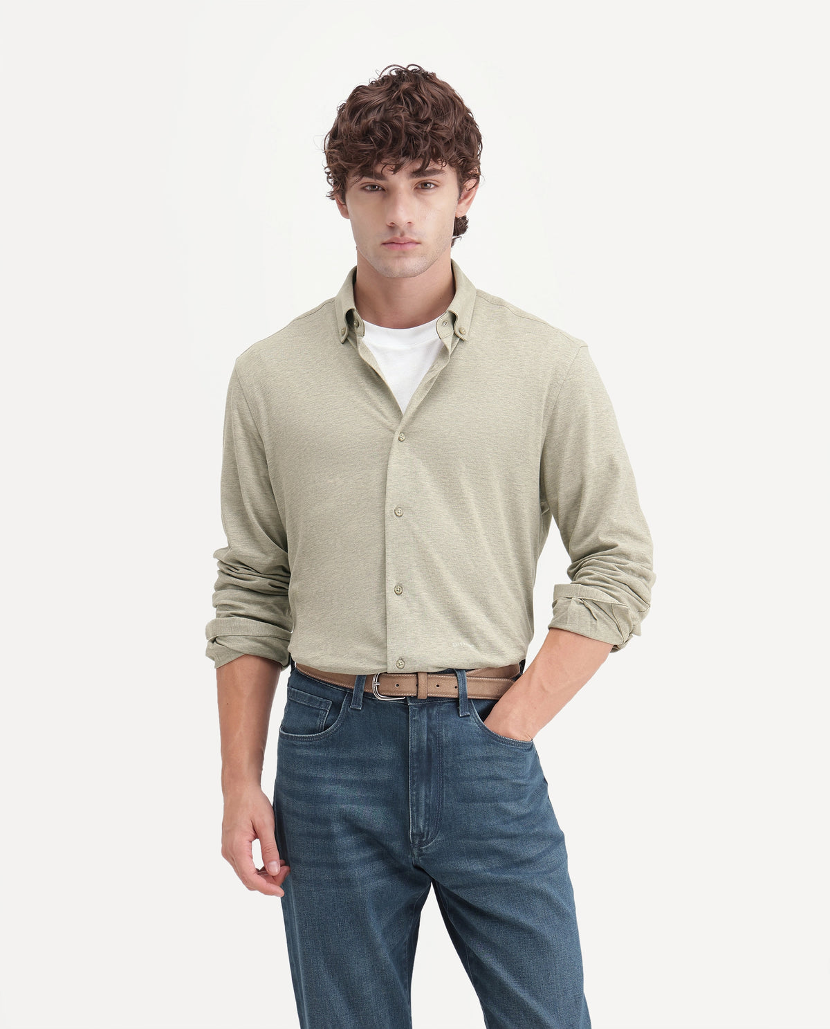 Rare Rabbit Men's Kenway Khaki Cotton Blend Button-Down Collar Regular Fit Plain Shirt