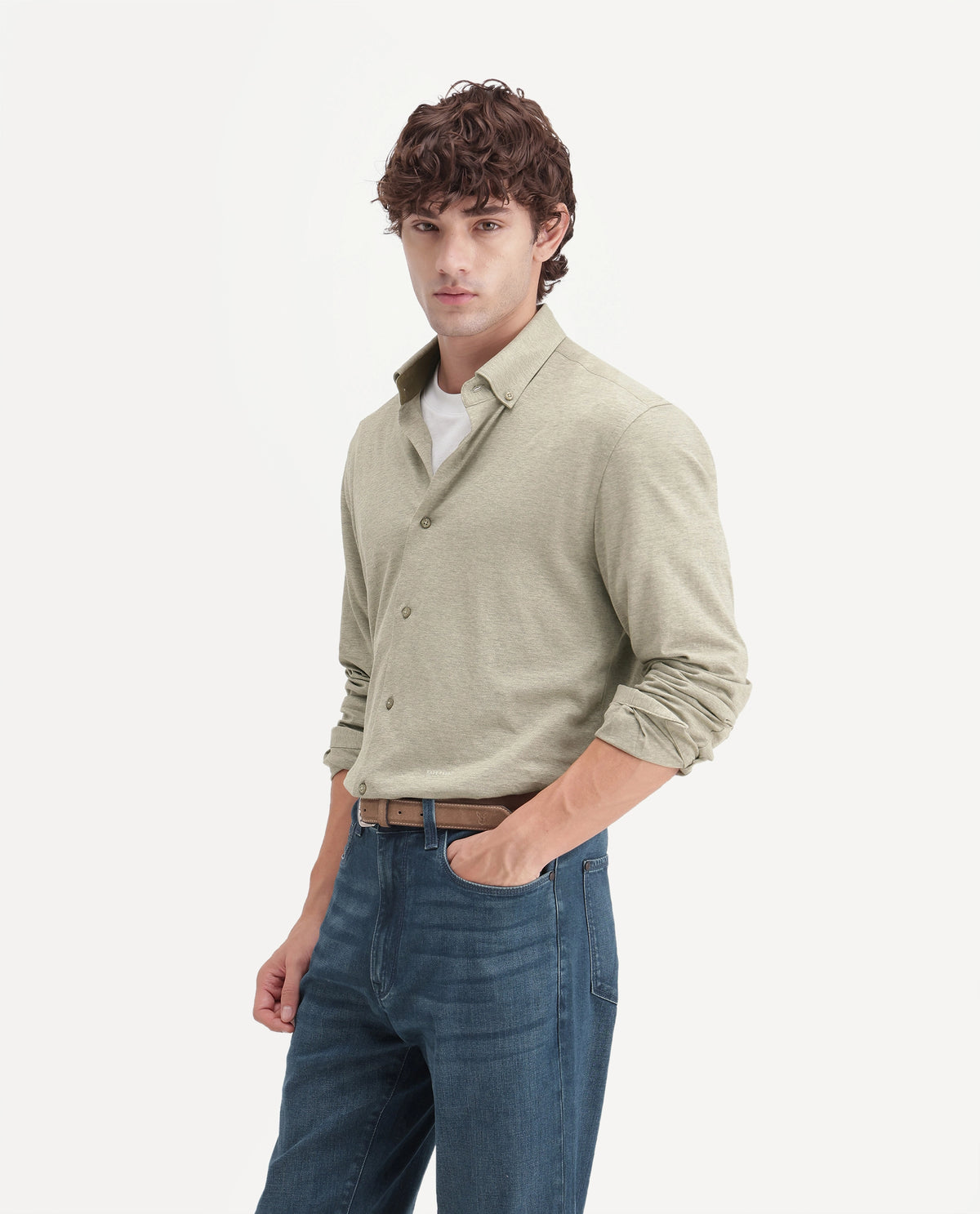 Rare Rabbit Men's Kenway Khaki Cotton Blend Button-Down Collar Regular Fit Plain Shirt