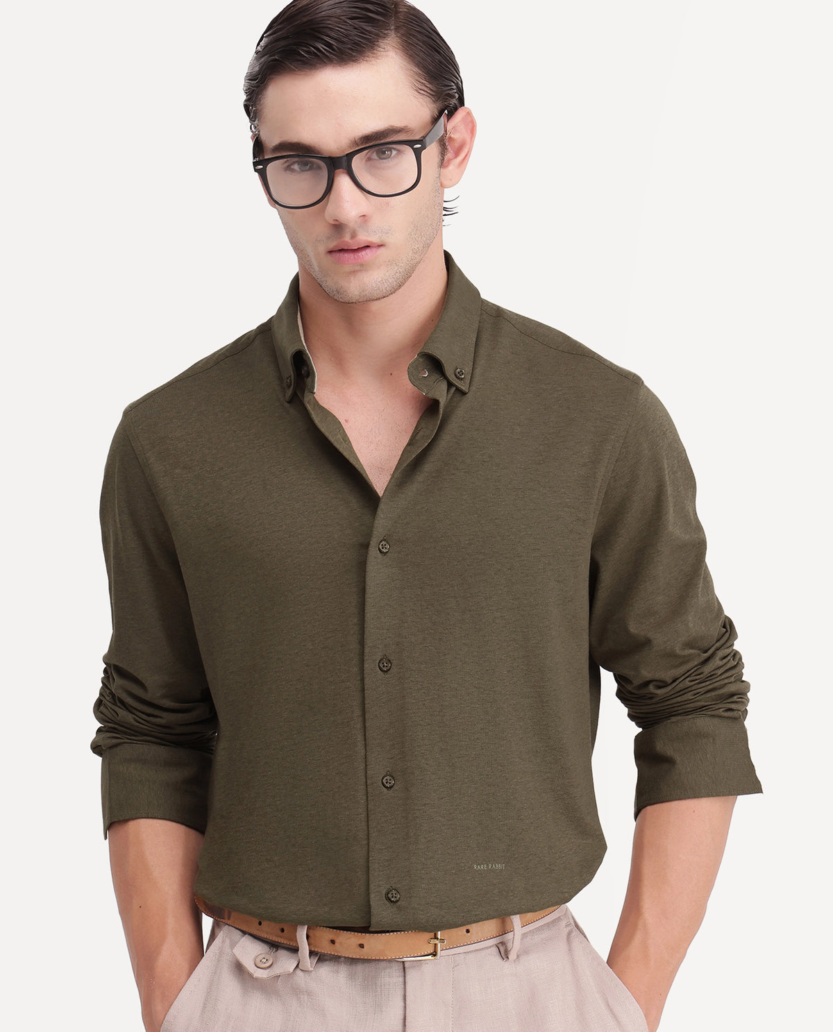 Rare Rabbit Men's Kenway Olive Cotton Blend Button-Down Collar Regular Fit Plain Shirt