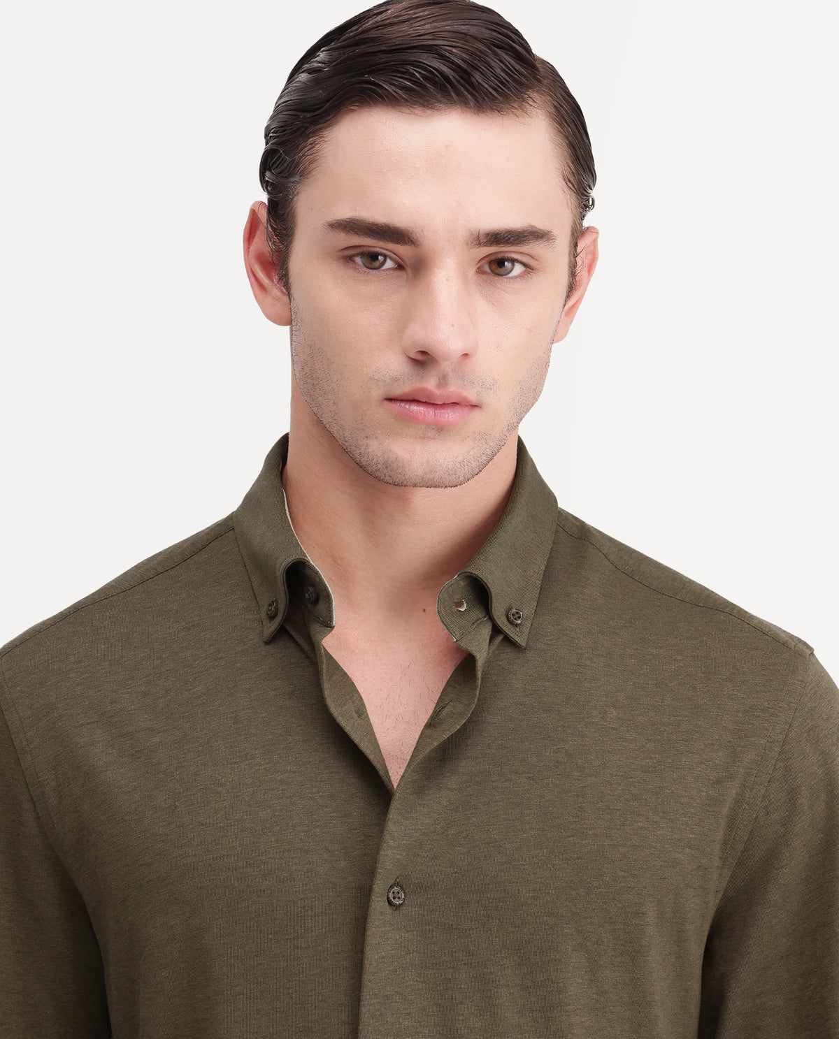 Rare Rabbit Men's Kenway Olive Cotton Blend Button-Down Collar Regular Fit Plain Shirt