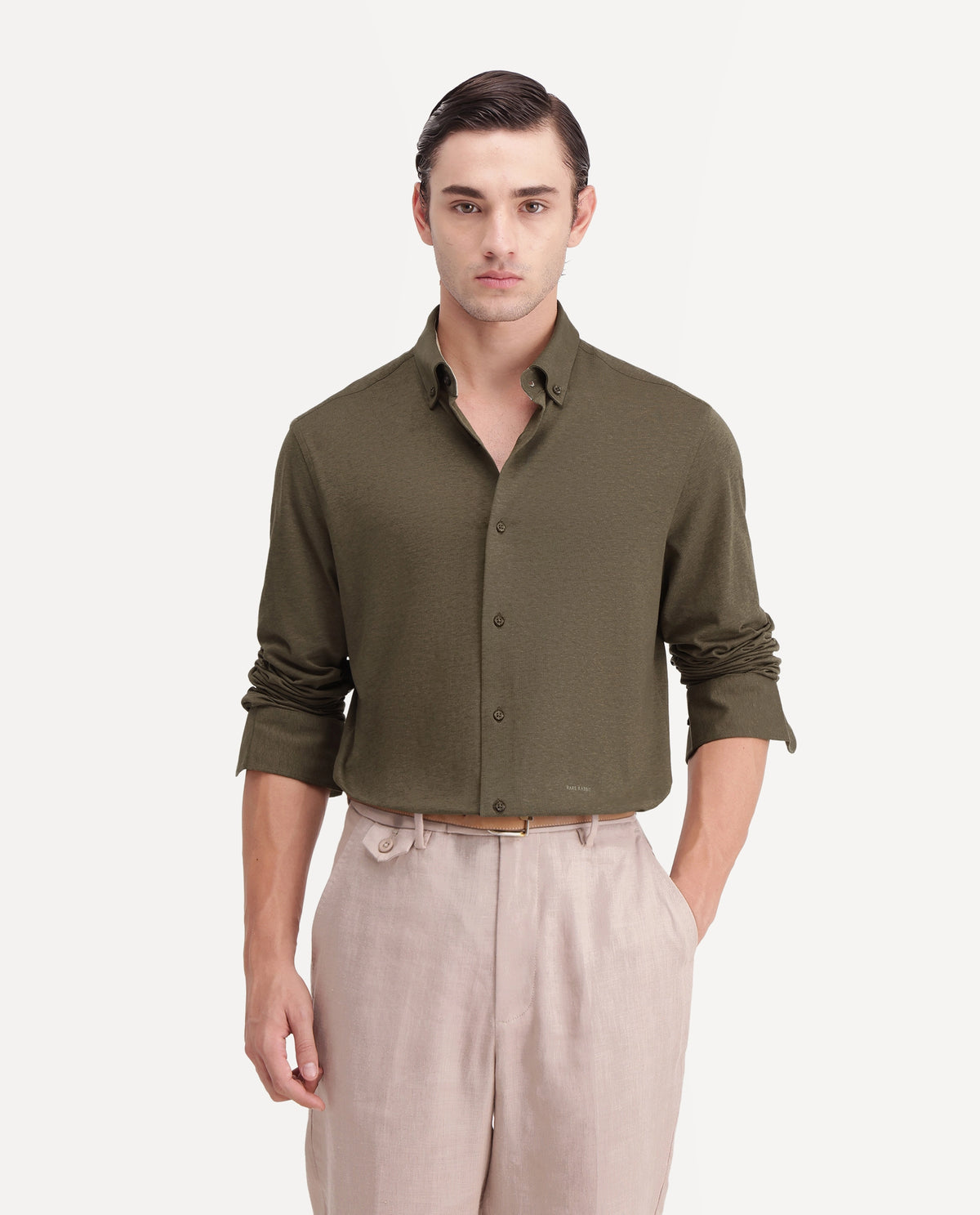 Rare Rabbit Men's Kenway Olive Cotton Blend Button-Down Collar Regular Fit Plain Shirt