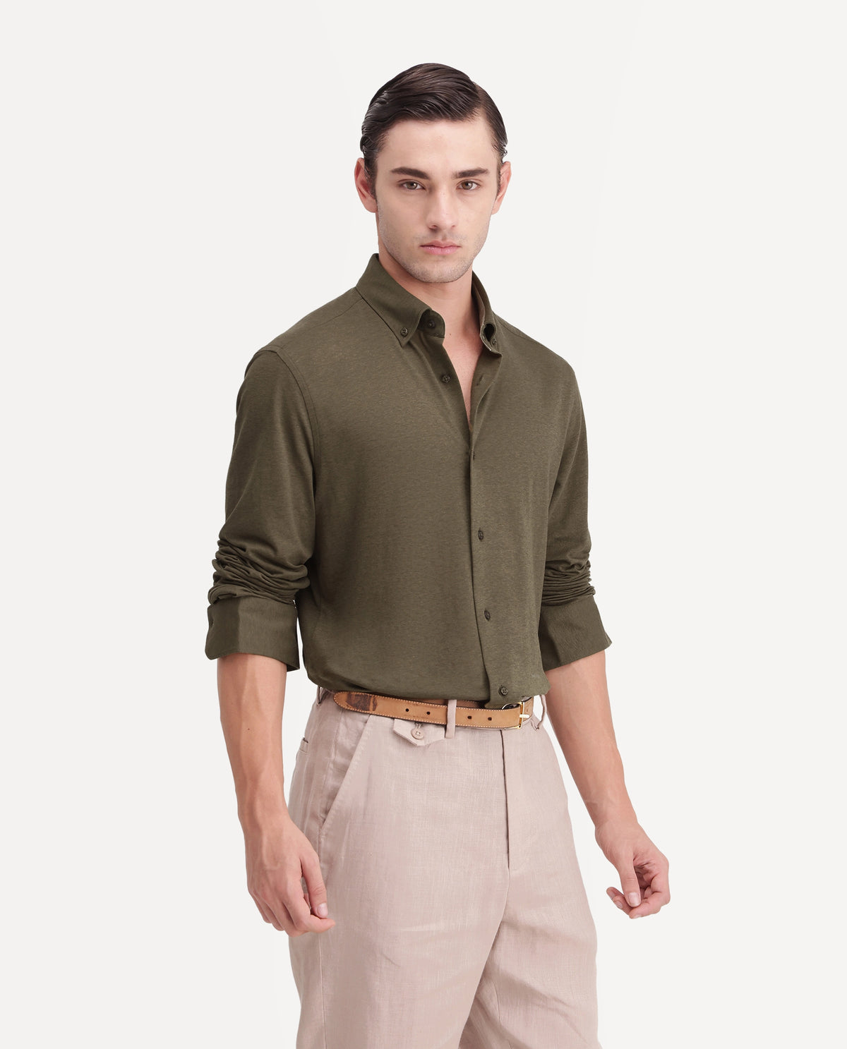 Rare Rabbit Men's Kenway Olive Cotton Blend Button-Down Collar Regular Fit Plain Shirt