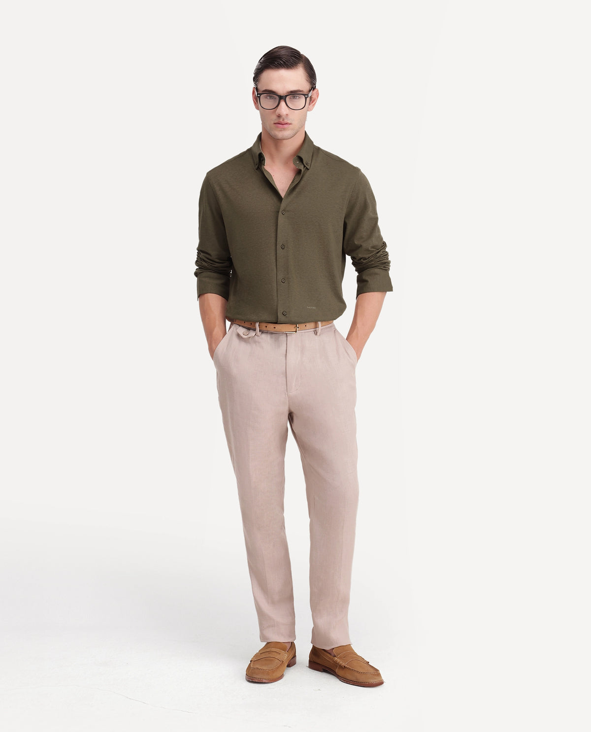 Rare Rabbit Men's Kenway Olive Cotton Blend Button-Down Collar Regular Fit Plain Shirt