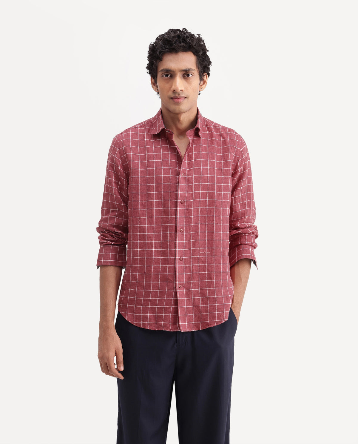Rare Rabbit Men's Julio Red 100% Linen Spread Collar Regular Fit Checked Shirt