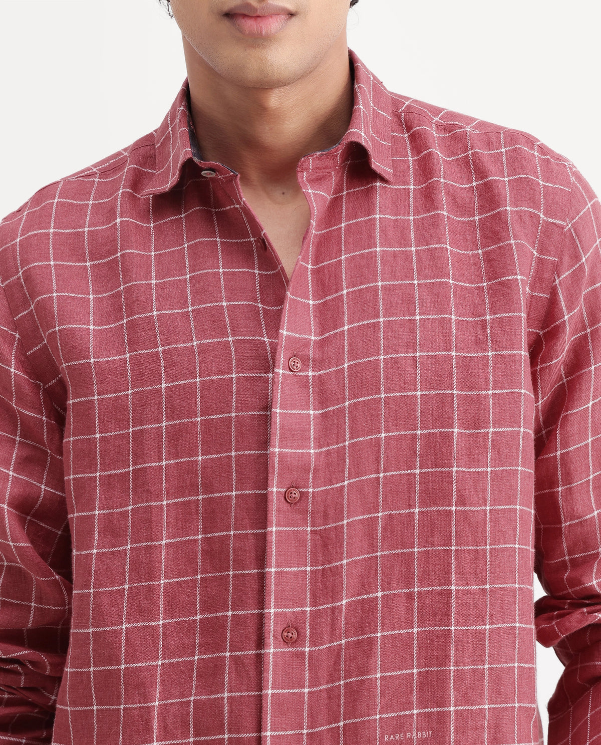 Rare Rabbit Men's Julio Red 100% Linen Spread Collar Regular Fit Checked Shirt