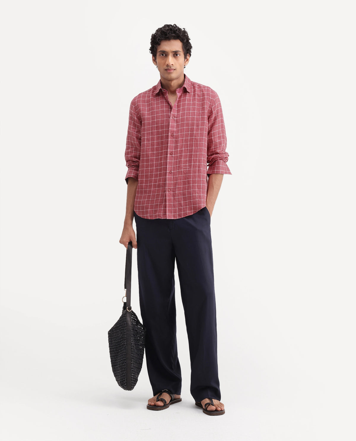 Rare Rabbit Men's Julio Red 100% Linen Spread Collar Regular Fit Checked Shirt