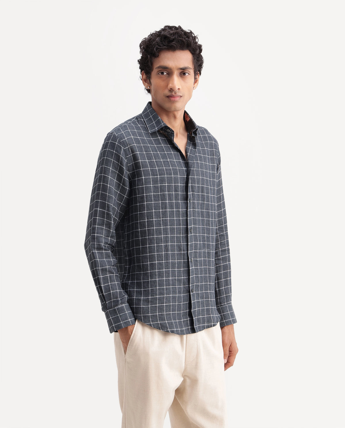 Rare Rabbit Men's Julio Dark Grey 100% Linen Spread Collar Regular Fit Checked Shirt