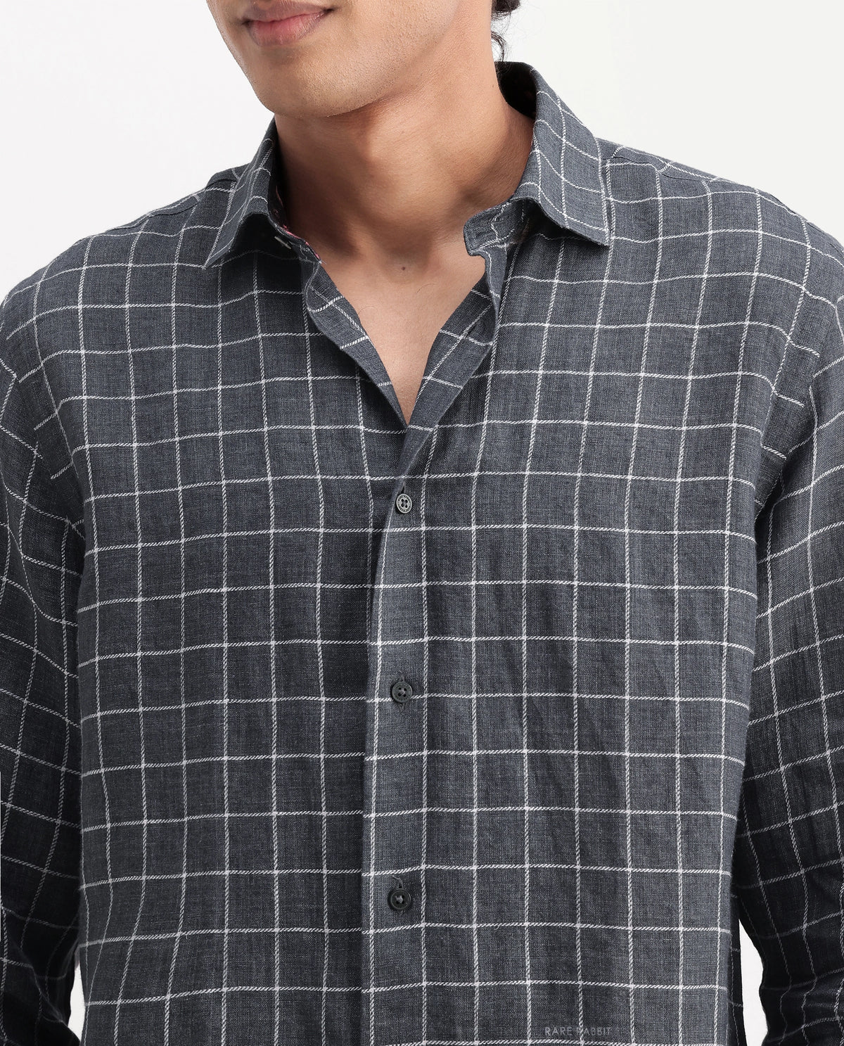 Rare Rabbit Men's Julio Dark Grey 100% Linen Spread Collar Regular Fit Checked Shirt
