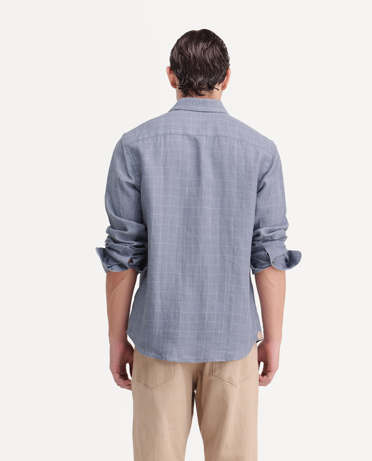 Rare Rabbit Men's Polend Dusky Blue 100% Linen Spread Collar Regular Fit Checked Shirt