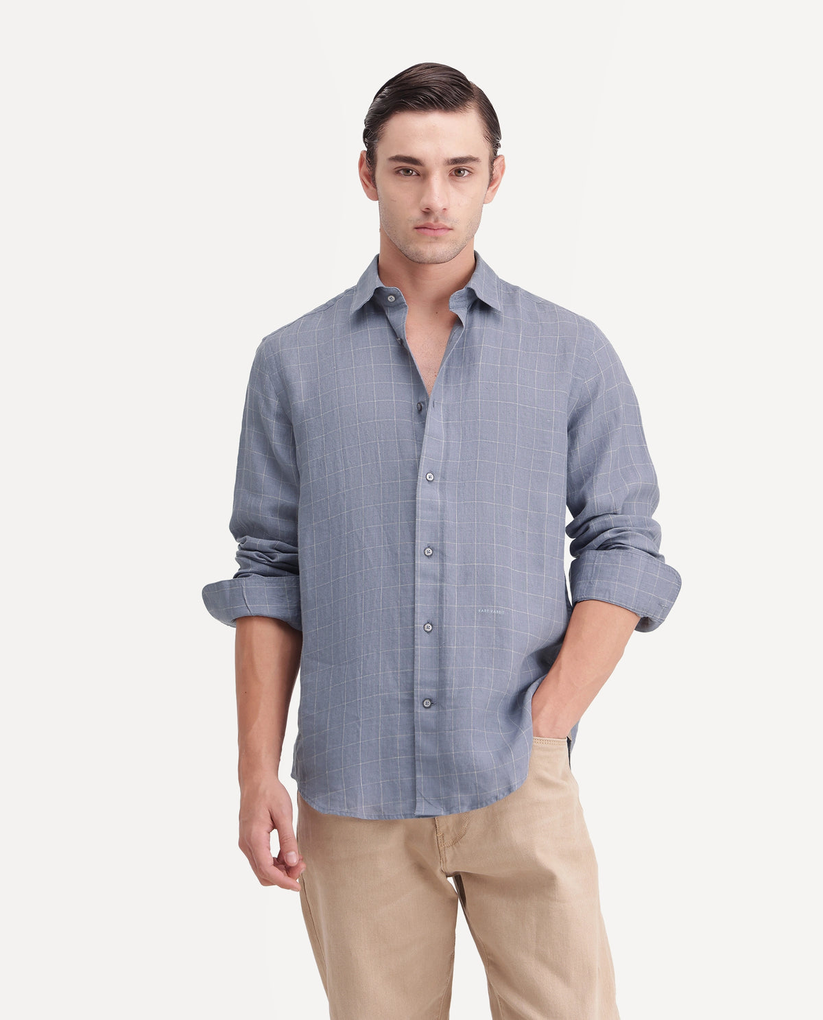 Rare Rabbit Men's Polend Dusky Blue 100% Linen Spread Collar Regular Fit Checked Shirt