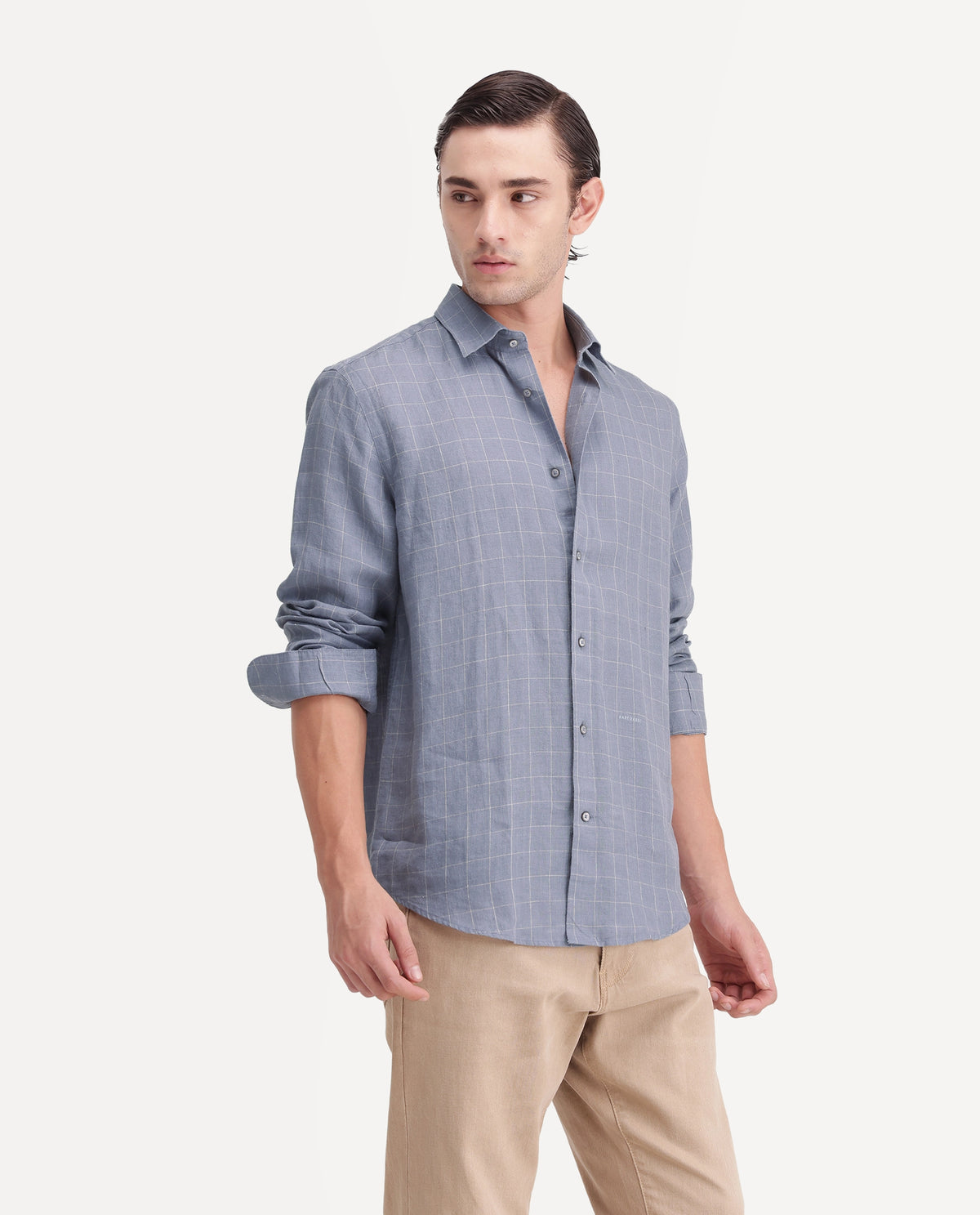 Rare Rabbit Men's Polend Dusky Blue 100% Linen Spread Collar Regular Fit Checked Shirt