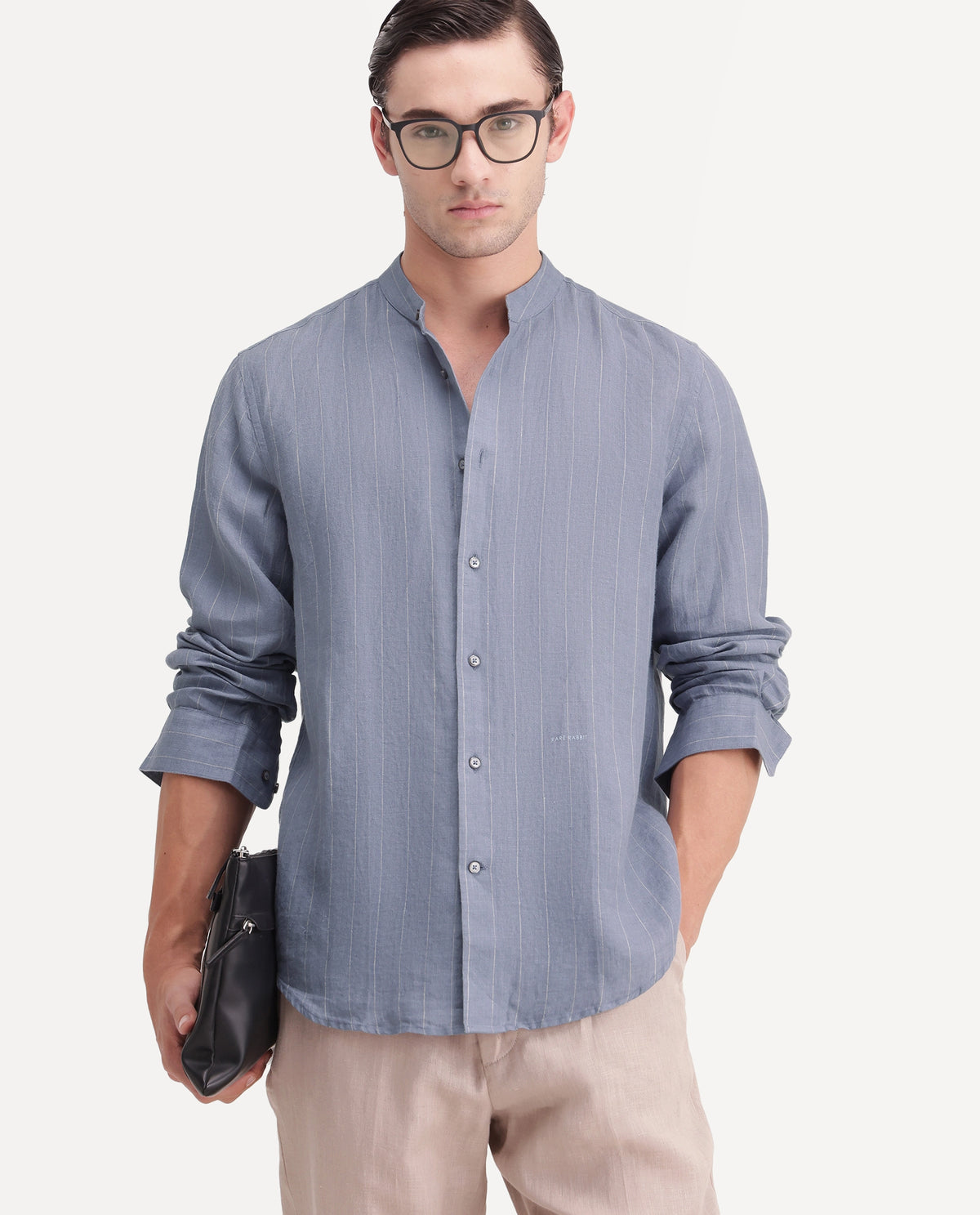 Rare Rabbit Men's Cronts Dusky Blue 100% Linen Mandarin Collar Regular Fit Striped Shirt