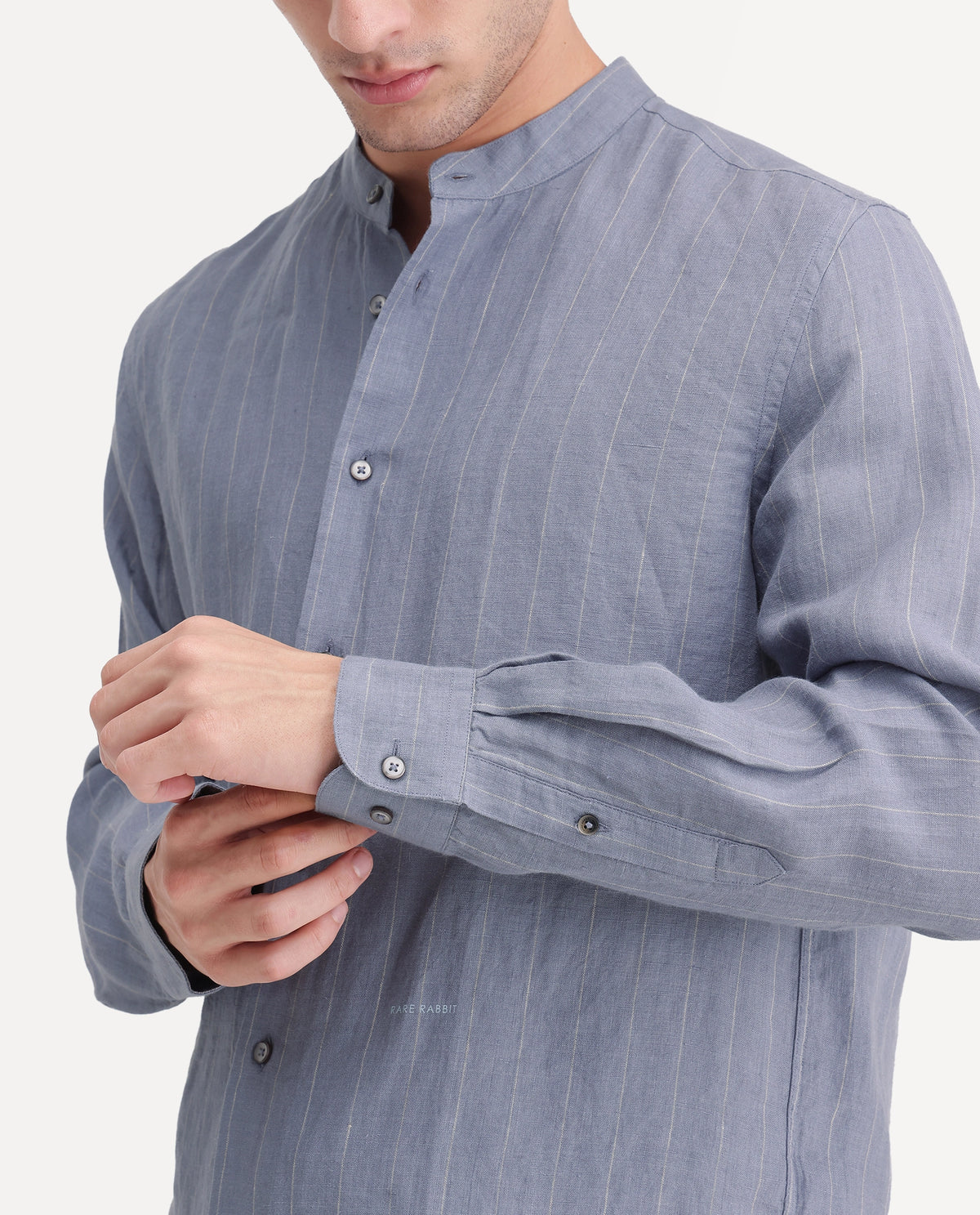 Rare Rabbit Men's Cronts Dusky Blue 100% Linen Mandarin Collar Regular Fit Striped Shirt