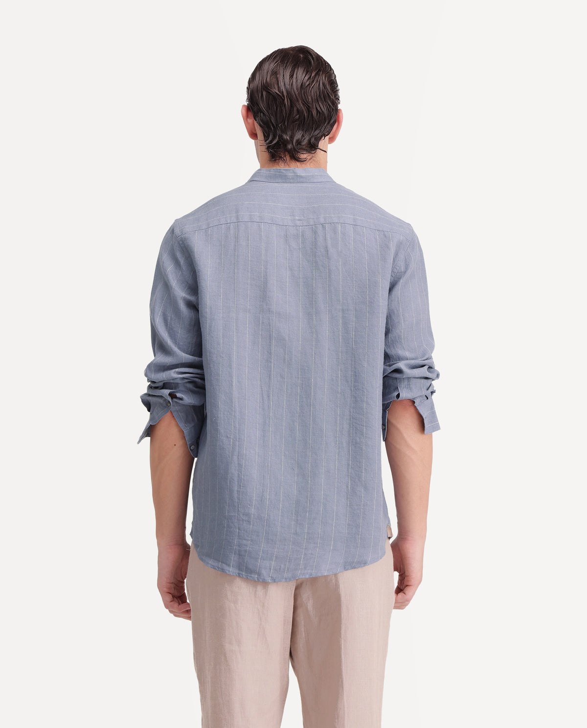 Rare Rabbit Men's Cronts Dusky Blue 100% Linen Mandarin Collar Regular Fit Striped Shirt