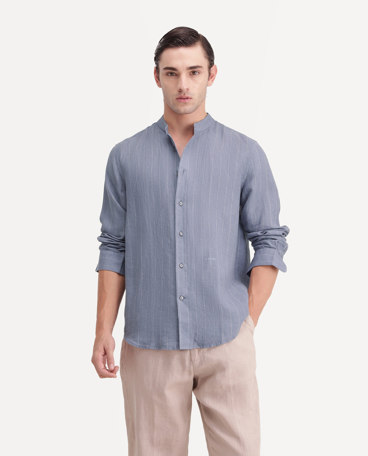 Rare Rabbit Men's Cronts Dusky Blue 100% Linen Mandarin Collar Regular Fit Striped Shirt