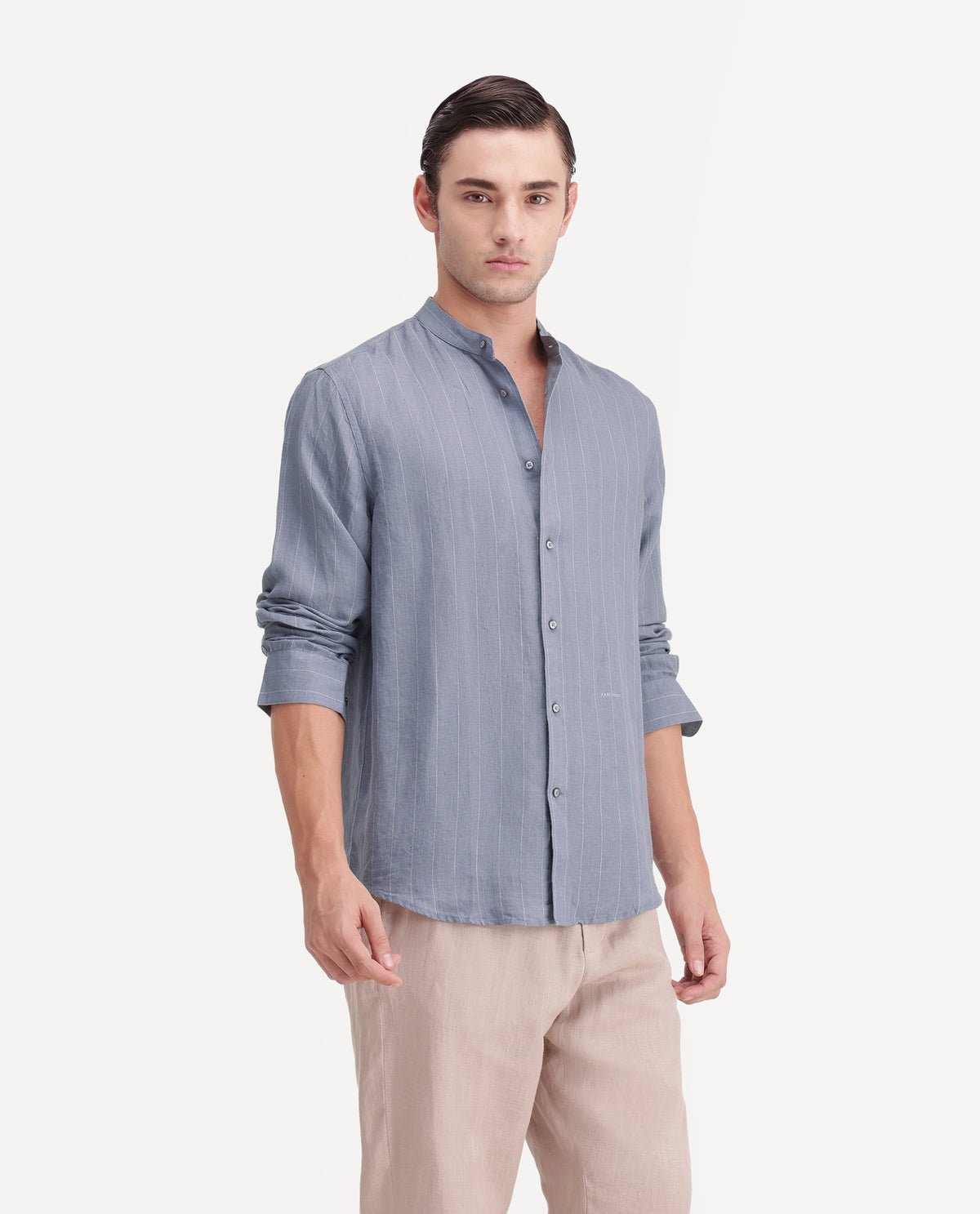 Rare Rabbit Men's Cronts Dusky Blue 100% Linen Mandarin Collar Regular Fit Striped Shirt
