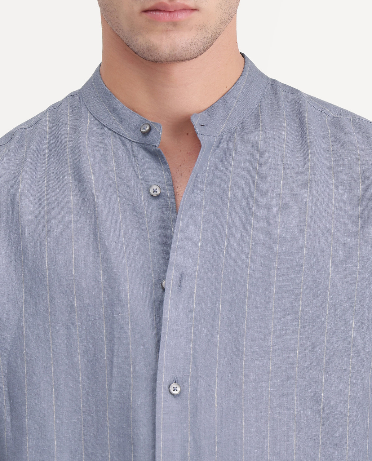 Rare Rabbit Men's Cronts Dusky Blue 100% Linen Mandarin Collar Regular Fit Striped Shirt