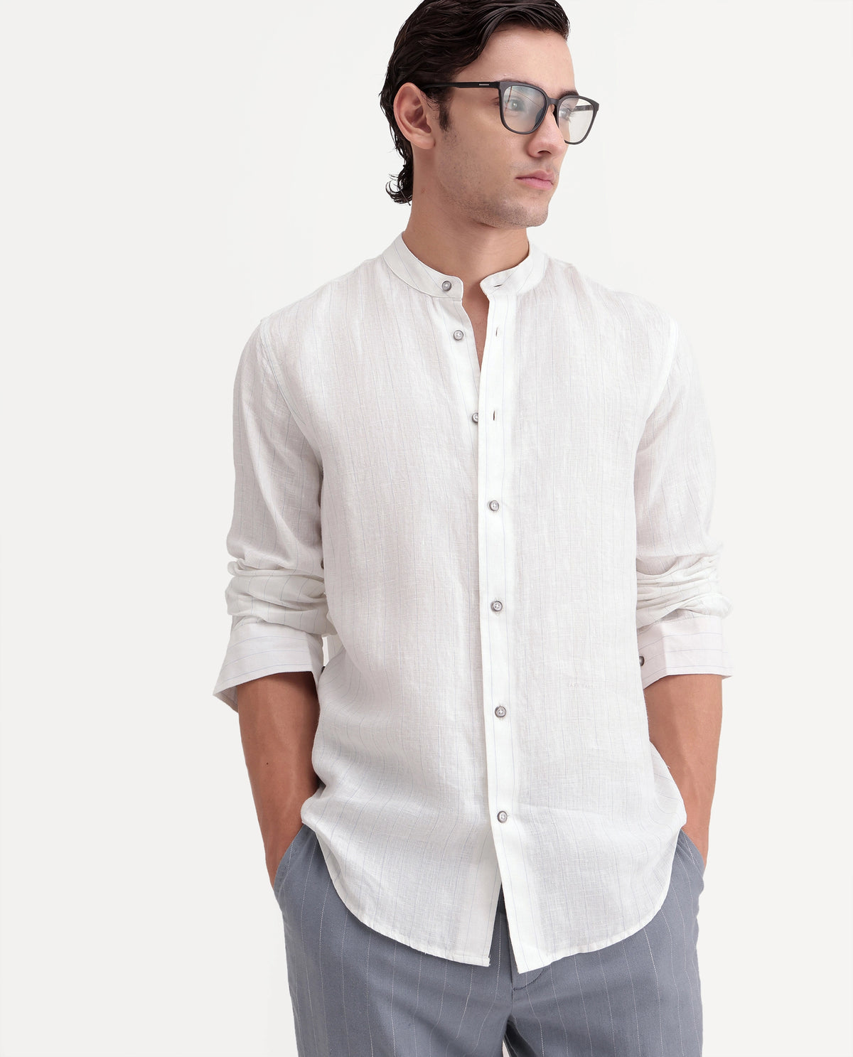 Rare Rabbit Men's Cronts White 100% Linen Mandarin Collar Regular Fit Striped Shirt
