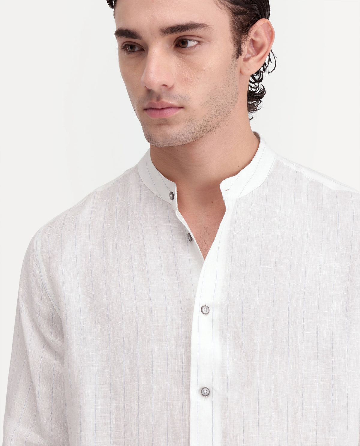 Rare Rabbit Men's Cronts White 100% Linen Mandarin Collar Regular Fit Striped Shirt