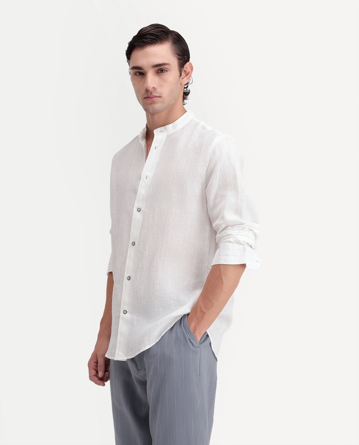 Rare Rabbit Men's Cronts White 100% Linen Mandarin Collar Regular Fit Striped Shirt