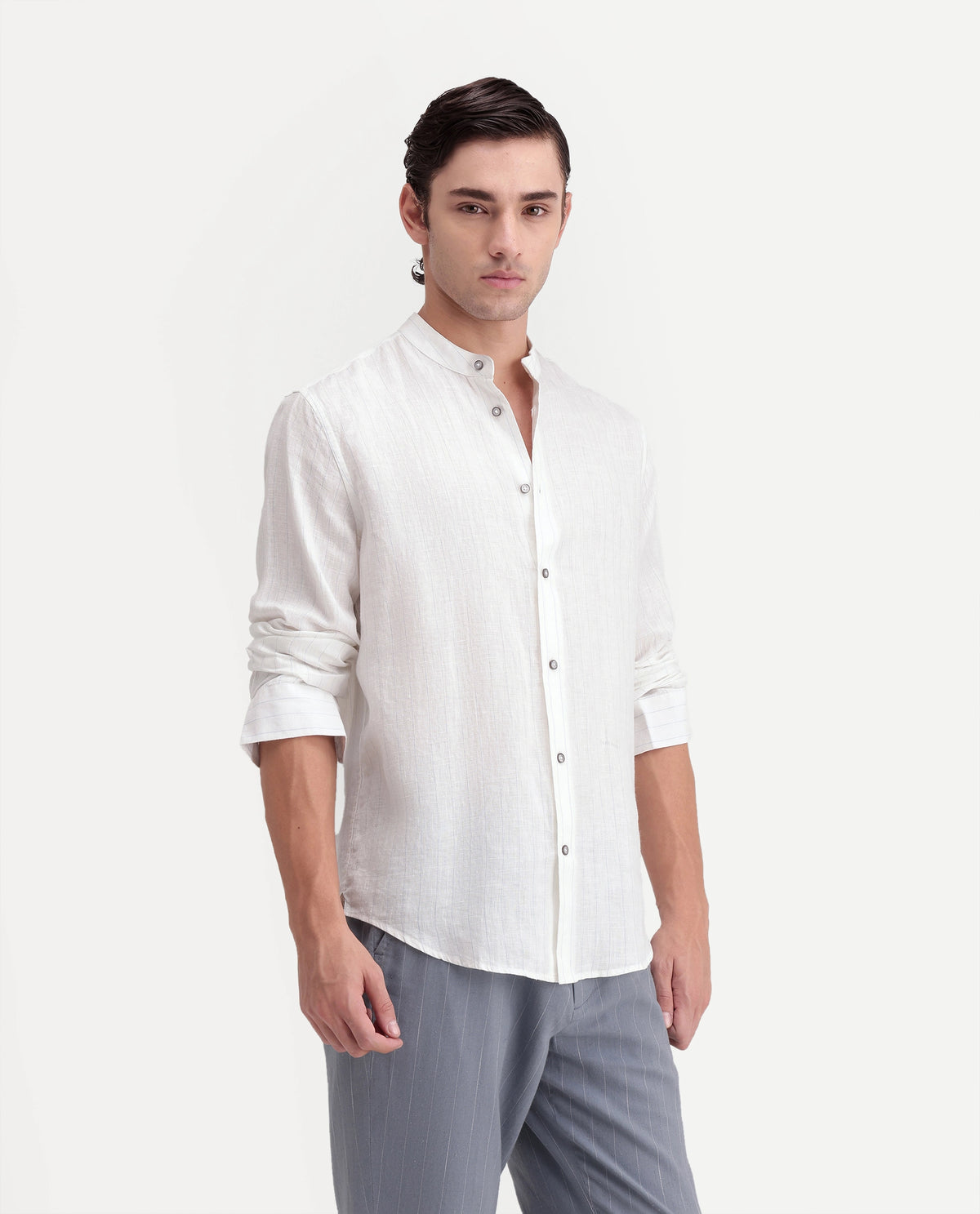 Rare Rabbit Men's Cronts White 100% Linen Mandarin Collar Regular Fit Striped Shirt