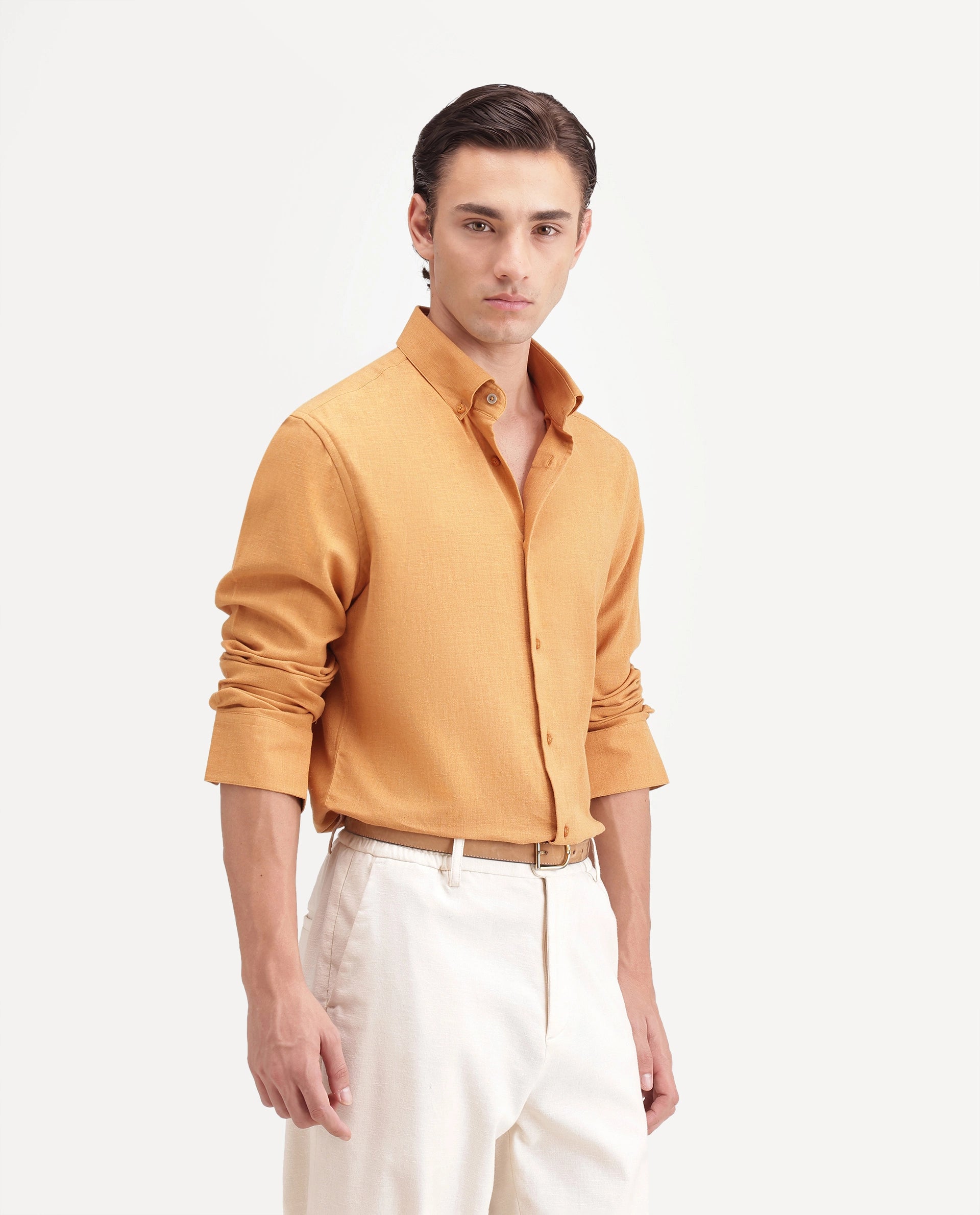 Rare Rabbit Men's Alexi Mustard Cotton Button-Down Collar Regular Fit Plain Shirt