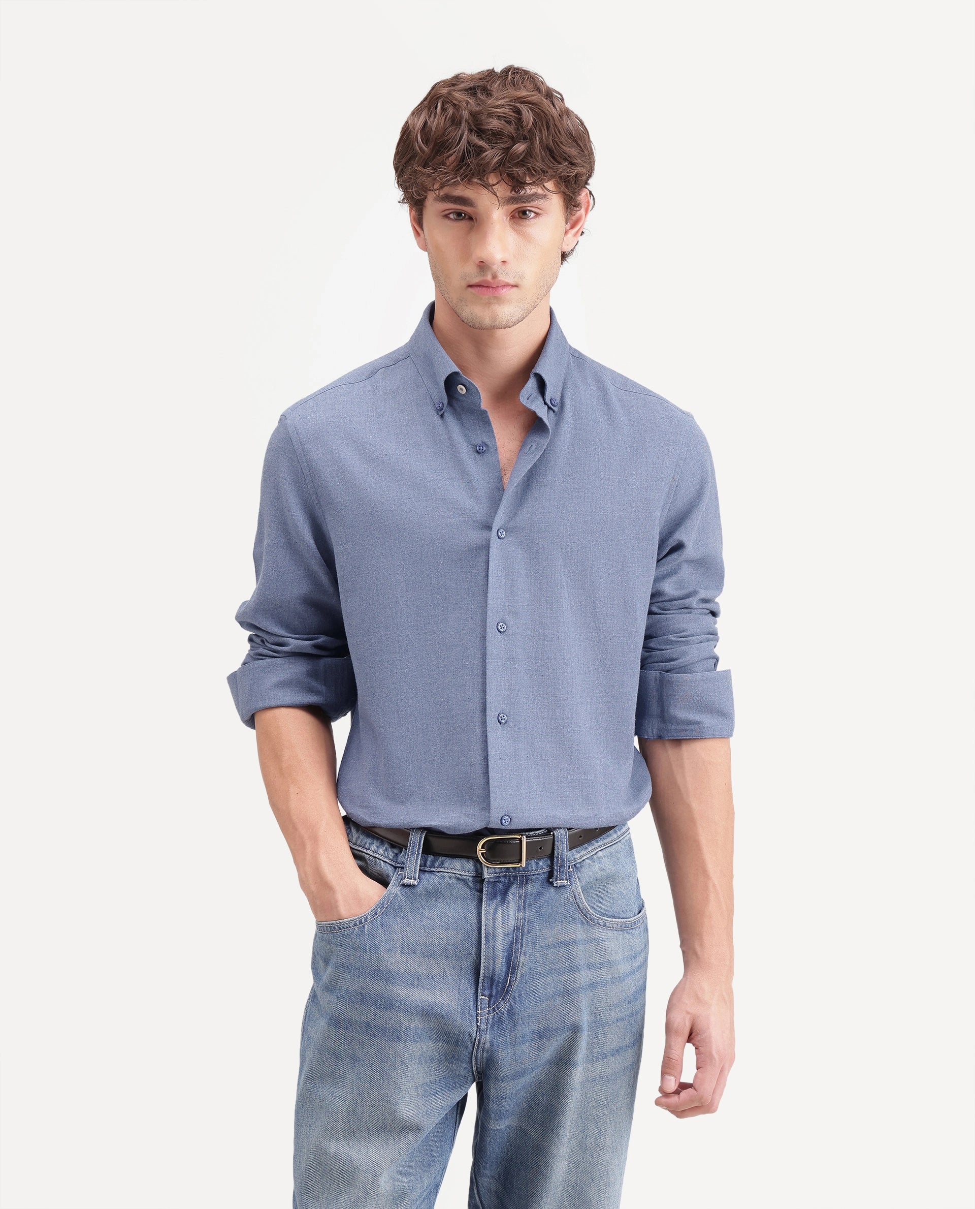 Rare Rabbit Men's Alexi Blue Cotton Button-Down Collar Regular Fit Plain Shirt