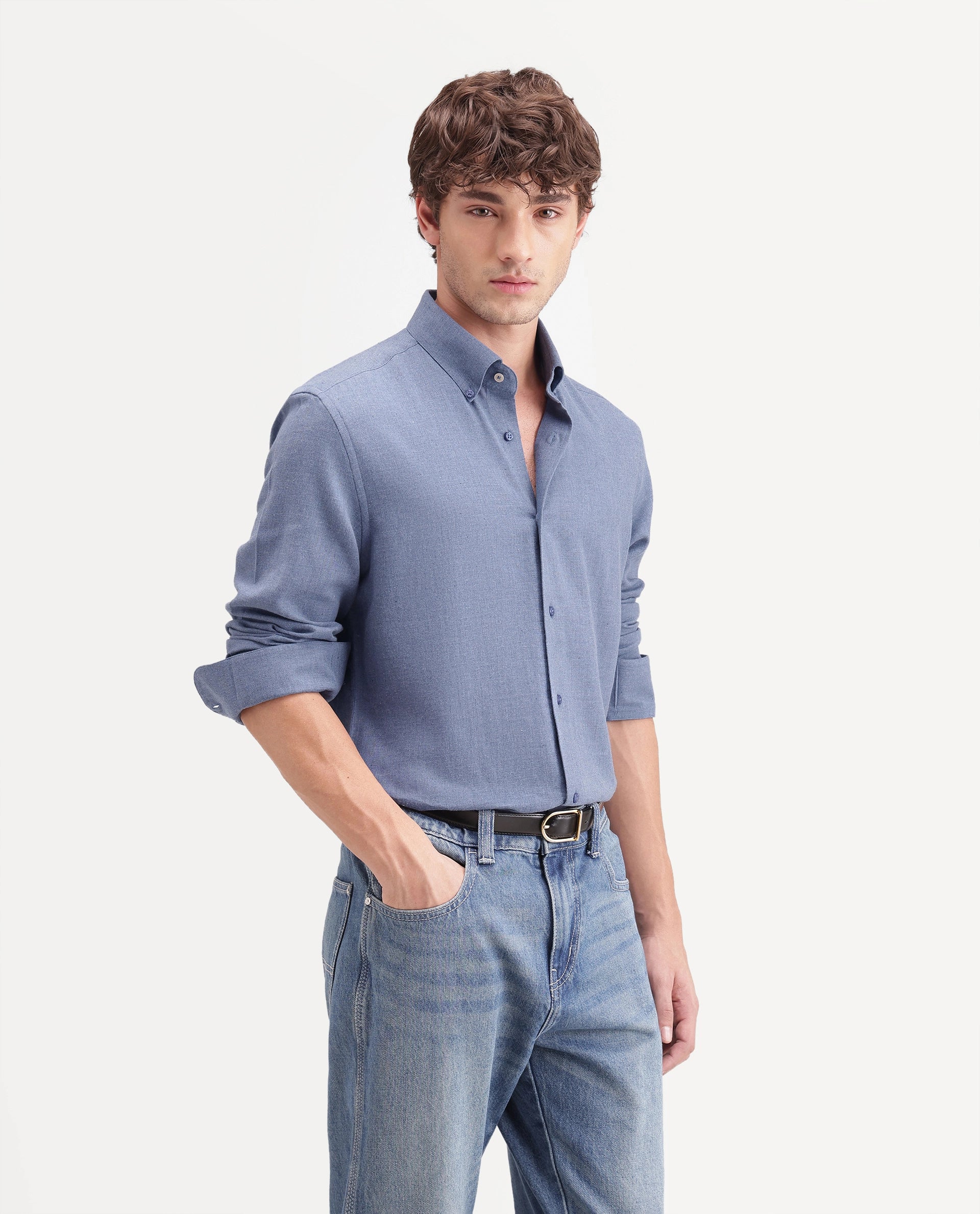 Rare Rabbit Men's Alexi Blue Cotton Button-Down Collar Regular Fit Plain Shirt