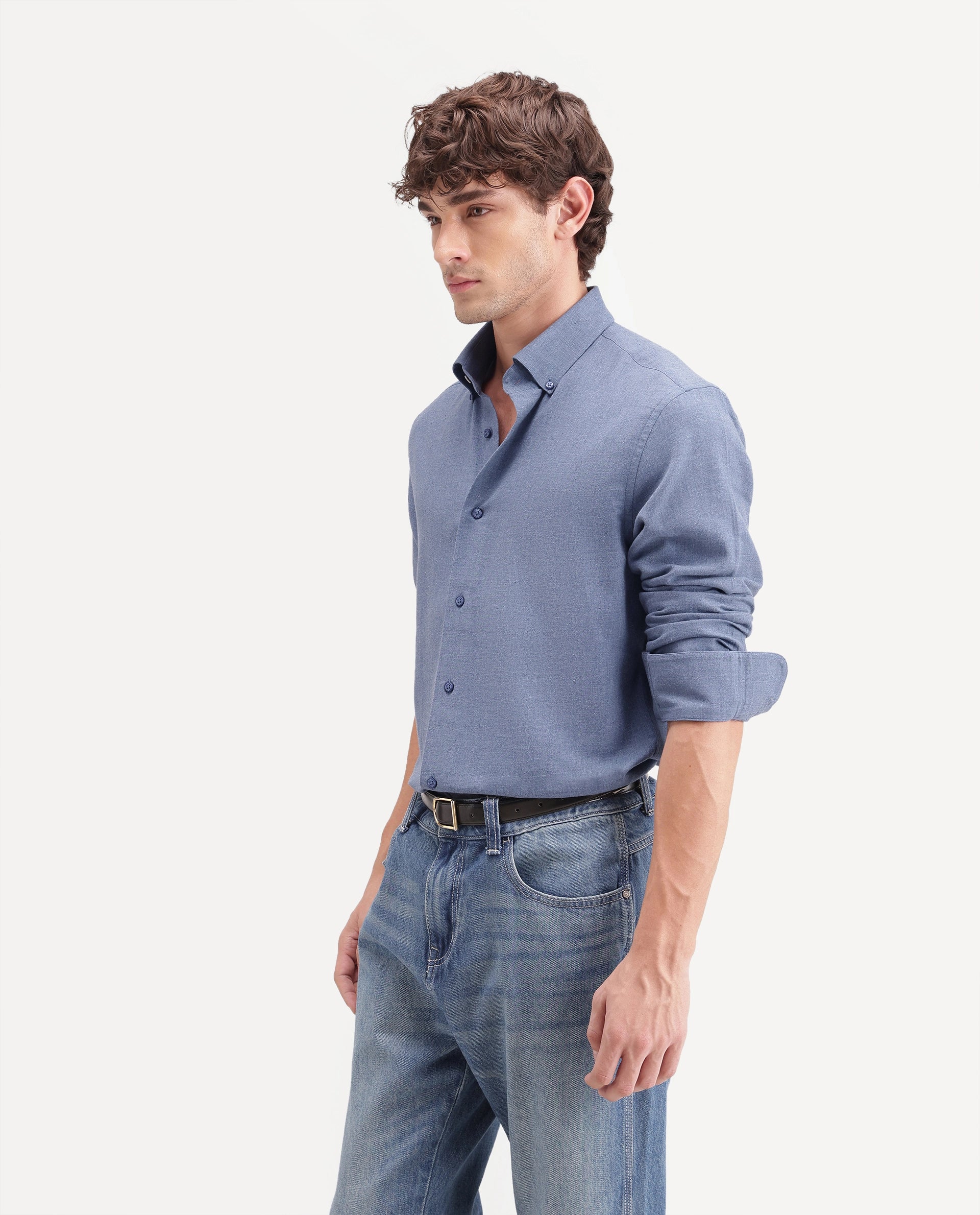 Rare Rabbit Men's Alexi Blue Cotton Button-Down Collar Regular Fit Plain Shirt