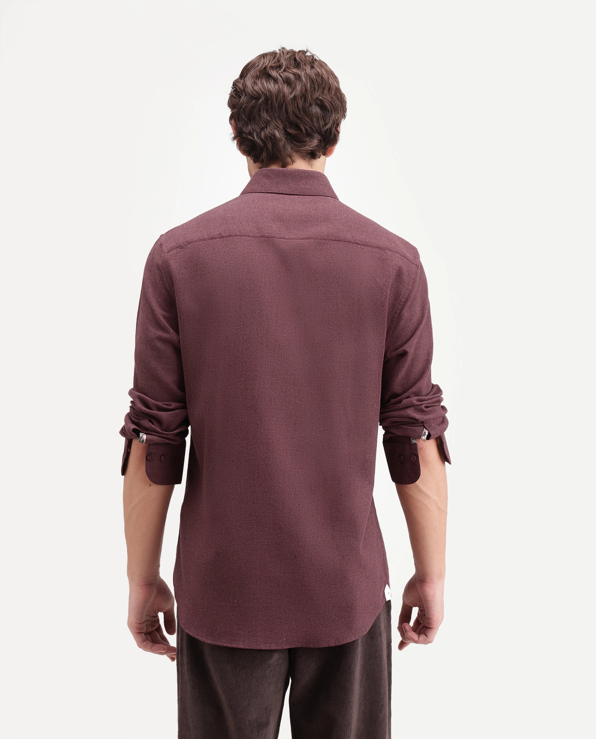 Rare Rabbit Men's Alexi Maroon Cotton Button-Down Collar Regular Fit Plain Shirt