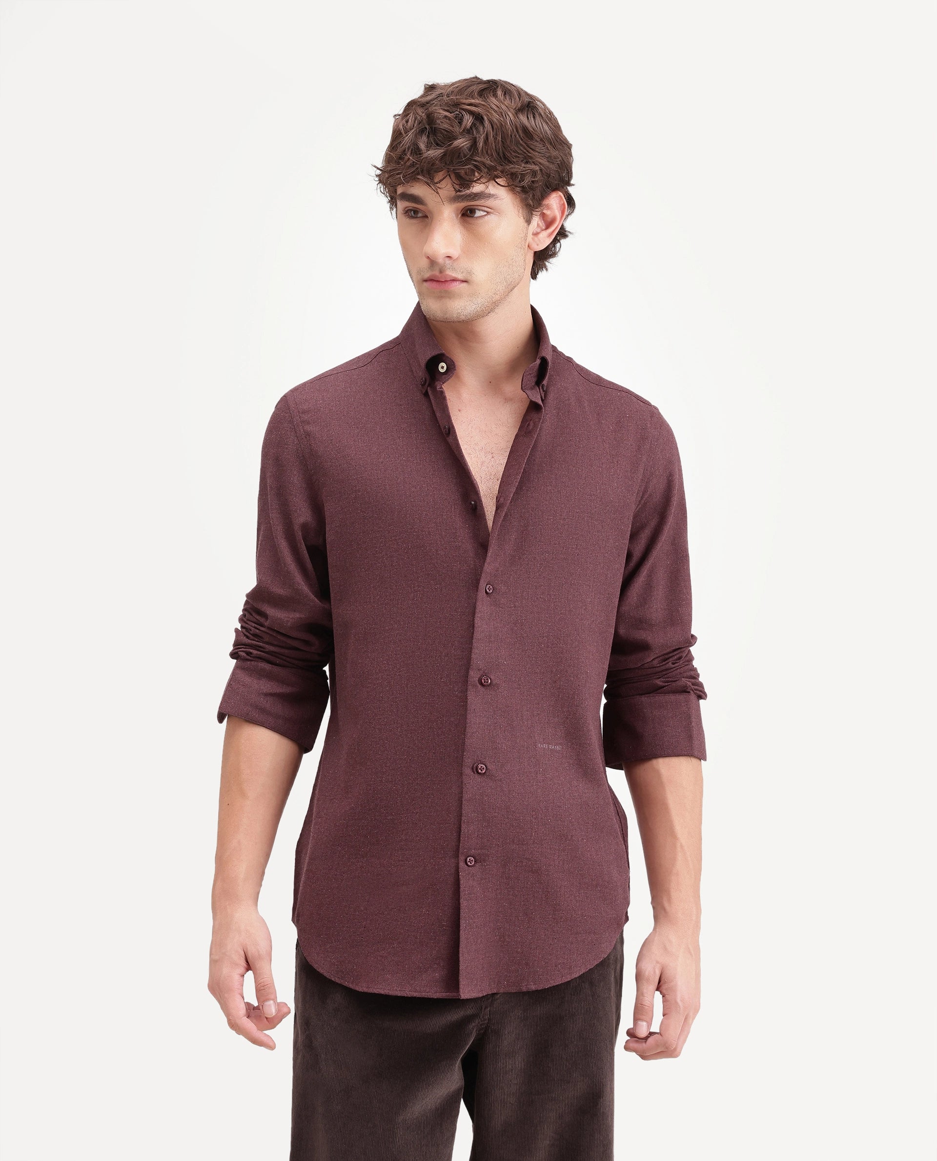 Rare Rabbit Men's Alexi Maroon Cotton Button-Down Collar Regular Fit Plain Shirt