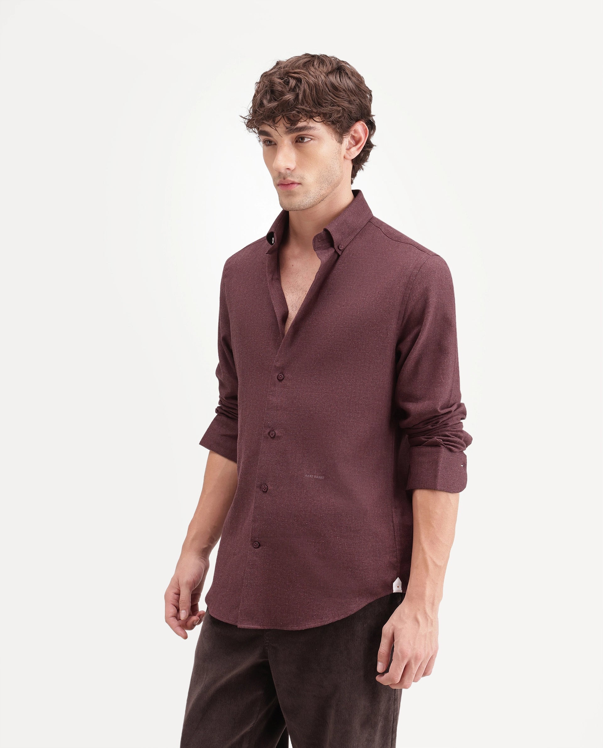 Rare Rabbit Men's Alexi Maroon Cotton Button-Down Collar Regular Fit Plain Shirt