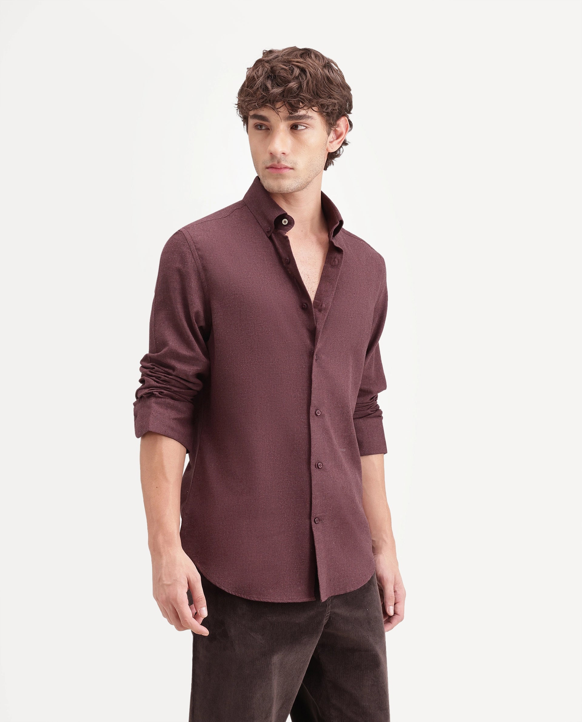 Rare Rabbit Men's Alexi Maroon Cotton Button-Down Collar Regular Fit Plain Shirt