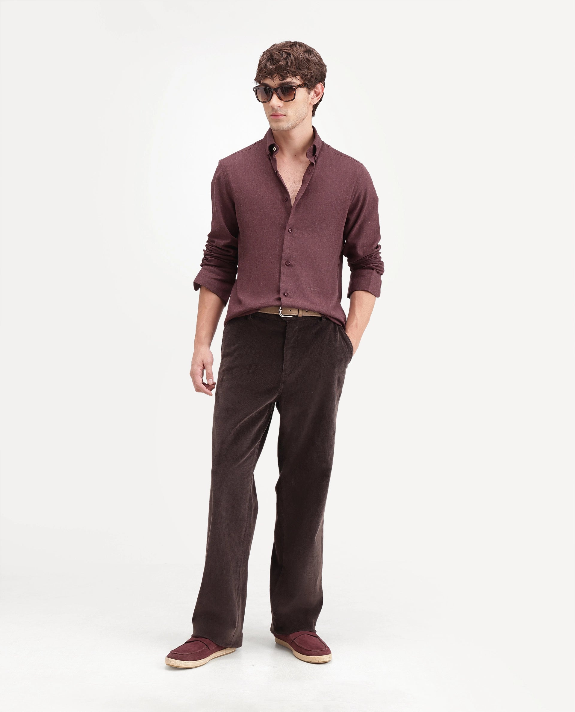 Rare Rabbit Men's Alexi Maroon Cotton Button-Down Collar Regular Fit Plain Shirt