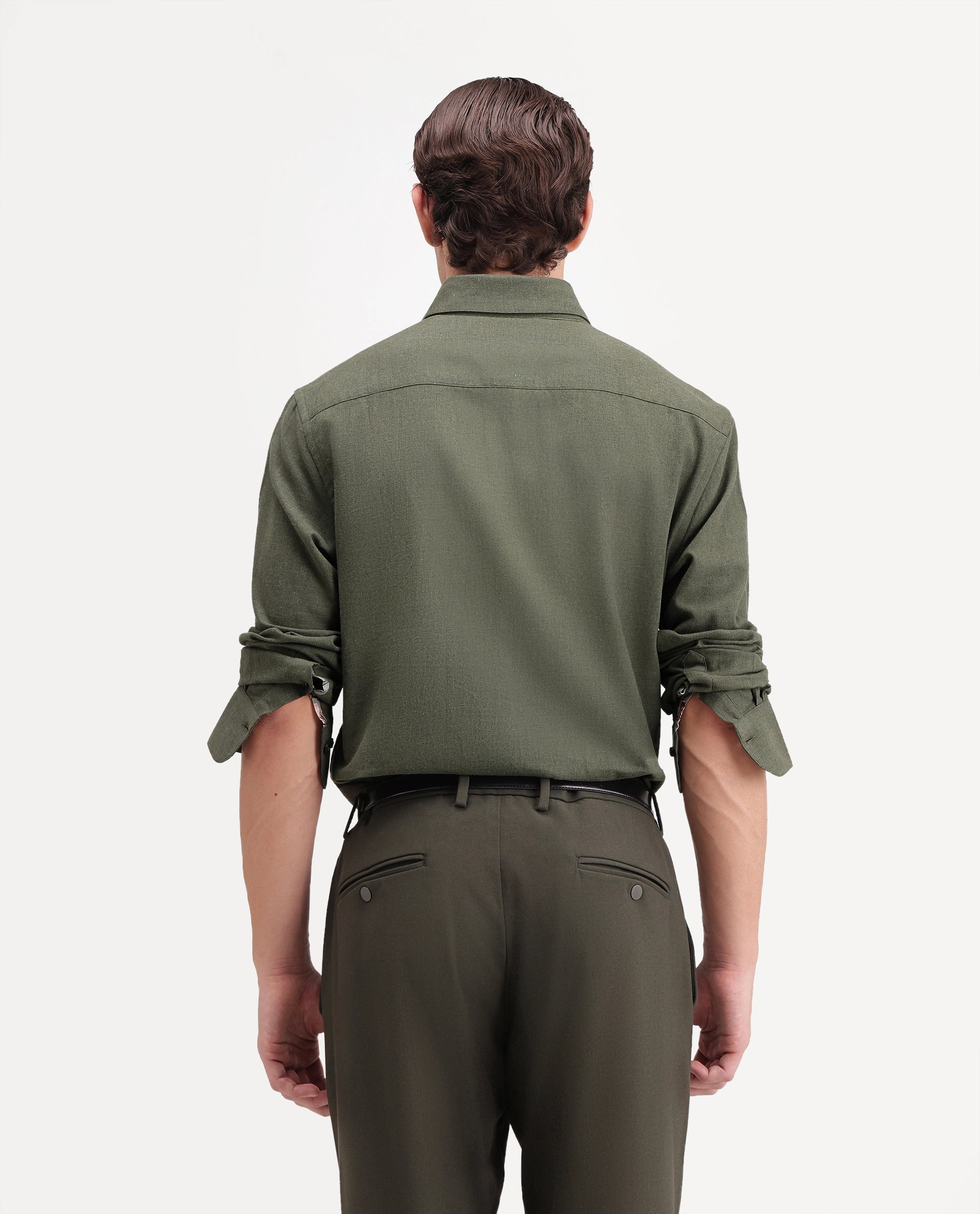 Rare Rabbit Men's Alexi Dark Green Cotton Button-Down Collar Regular Fit Plain Shirt