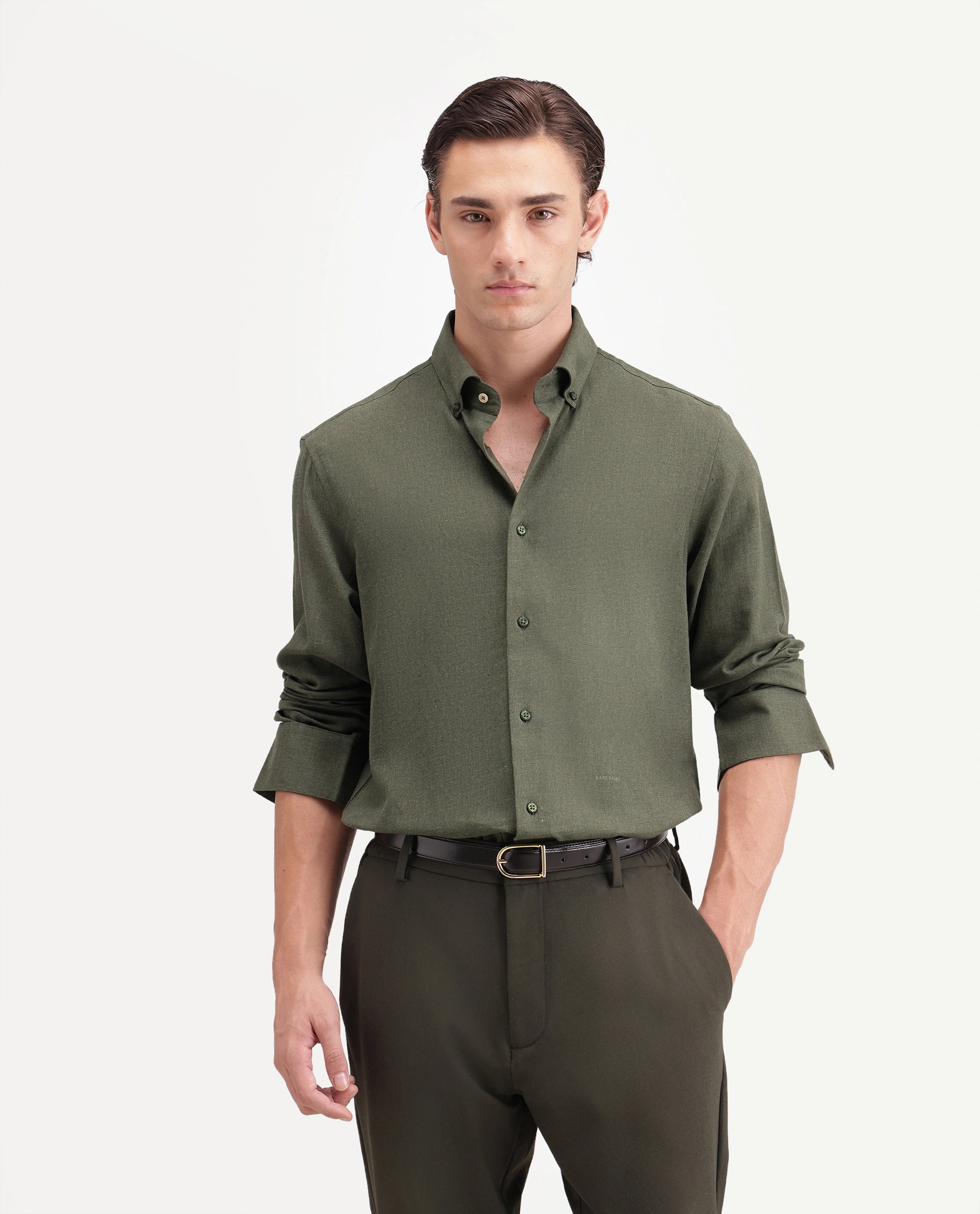 Rare Rabbit Men's Alexi Dark Green Cotton Button-Down Collar Regular Fit Plain Shirt