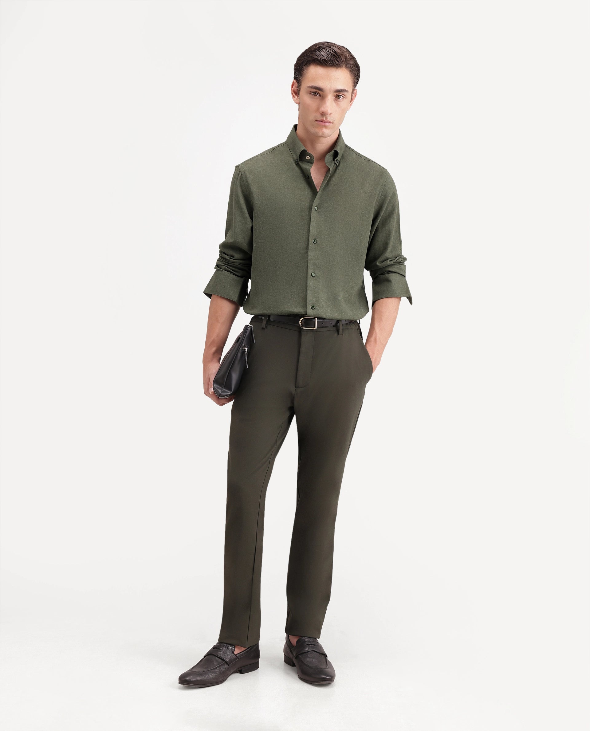 Rare Rabbit Men's Alexi Dark Green Cotton Button-Down Collar Regular Fit Plain Shirt