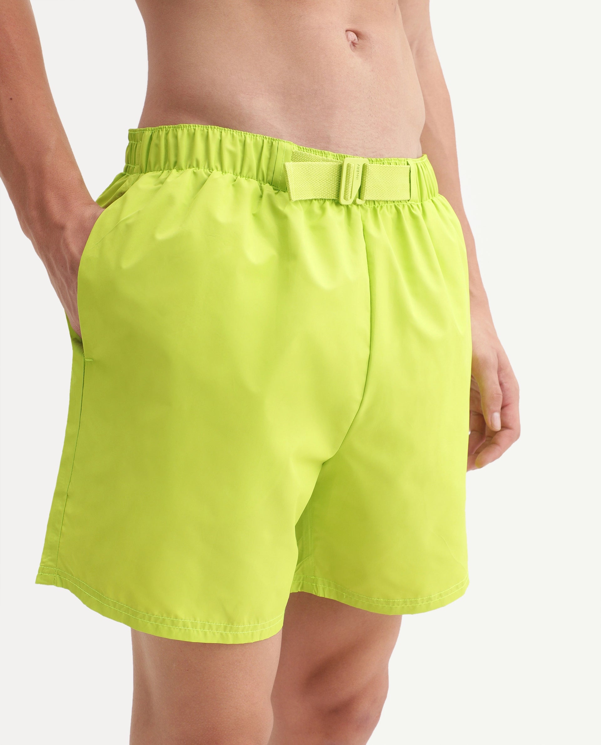 Rare Rabbit Men's Kort Aw26 Fluorescent Green Polyester Belt Regular Plain Swim Trunks