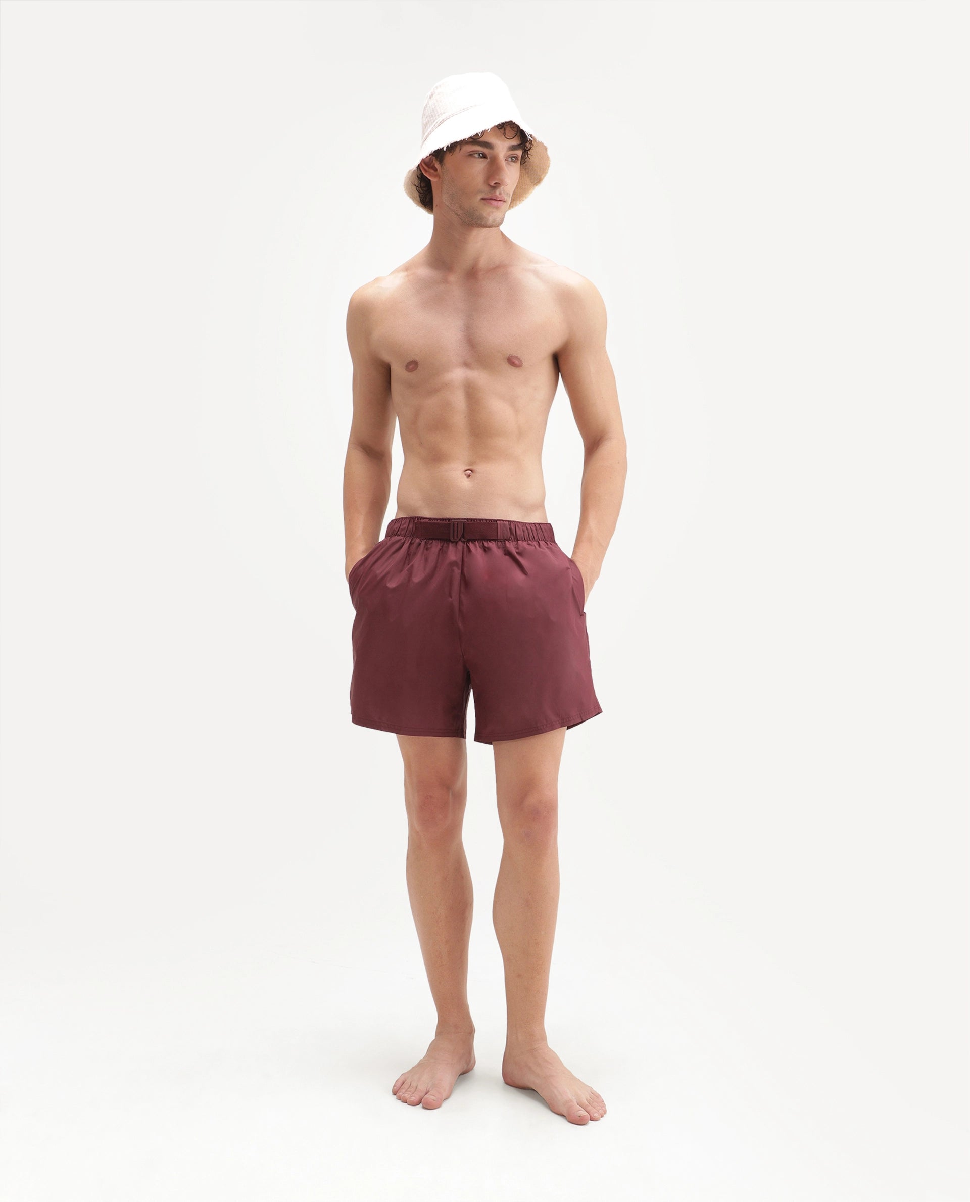 Rare Rabbit Men's Kort Aw26 Dark Maroon Polyester Belt Regular Plain Swim Trunks