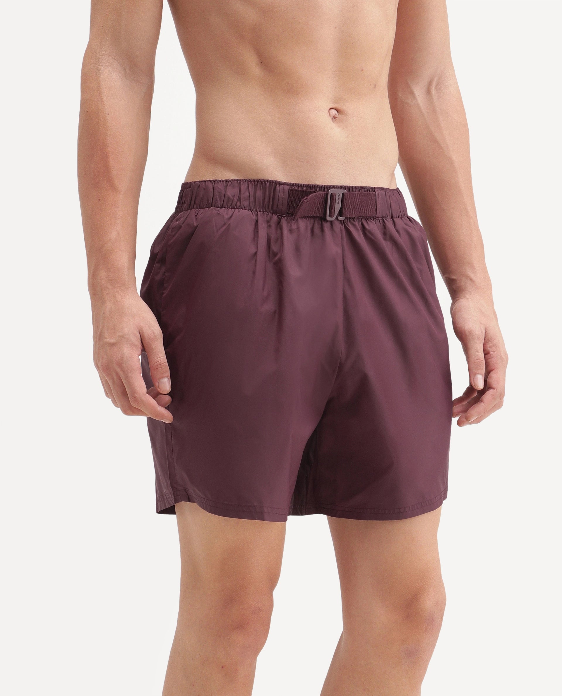 Rare Rabbit Men's Kort Aw26 Dark Maroon Polyester Belt Regular Plain Swim Trunks