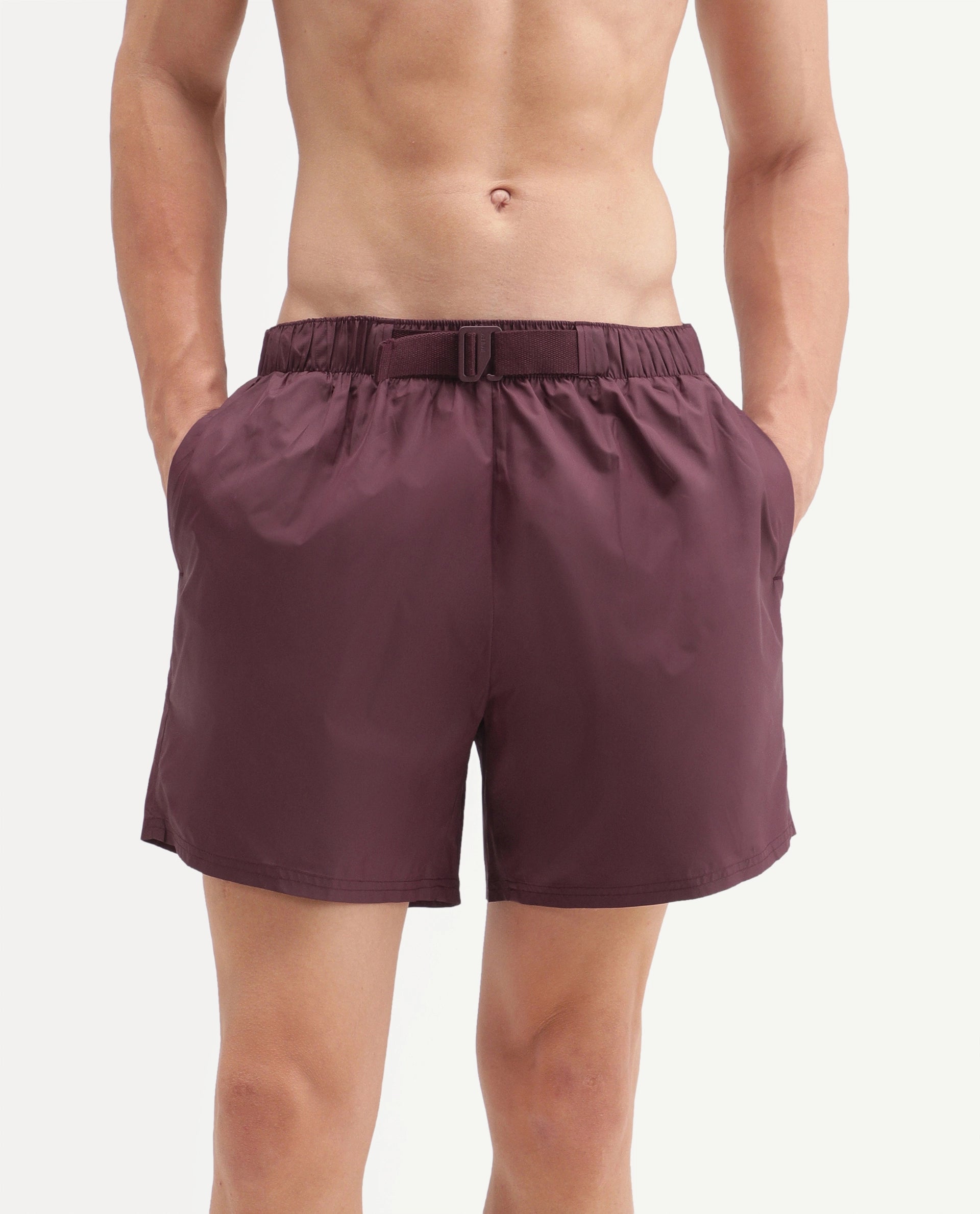 Rare Rabbit Men's Kort Aw26 Dark Maroon Polyester Belt Regular Plain Swim Trunks