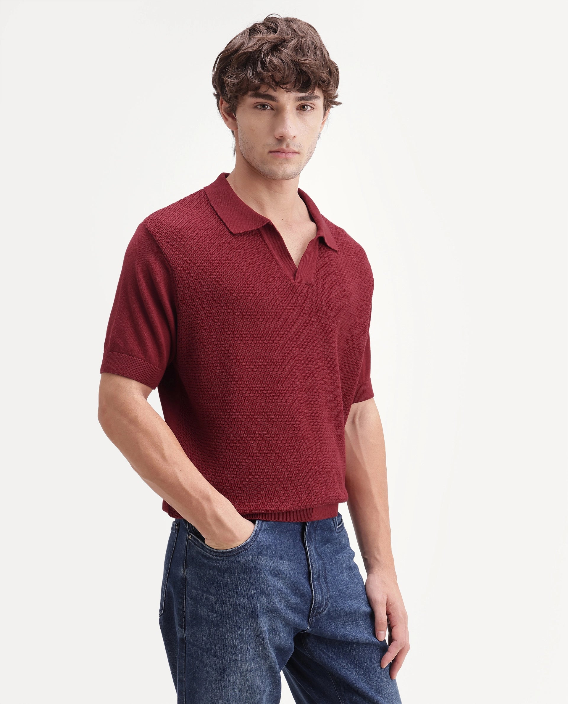 Rare Rabbit Men's Zegot Primary Red Cotton Johnny Collar Regular Textured Polo