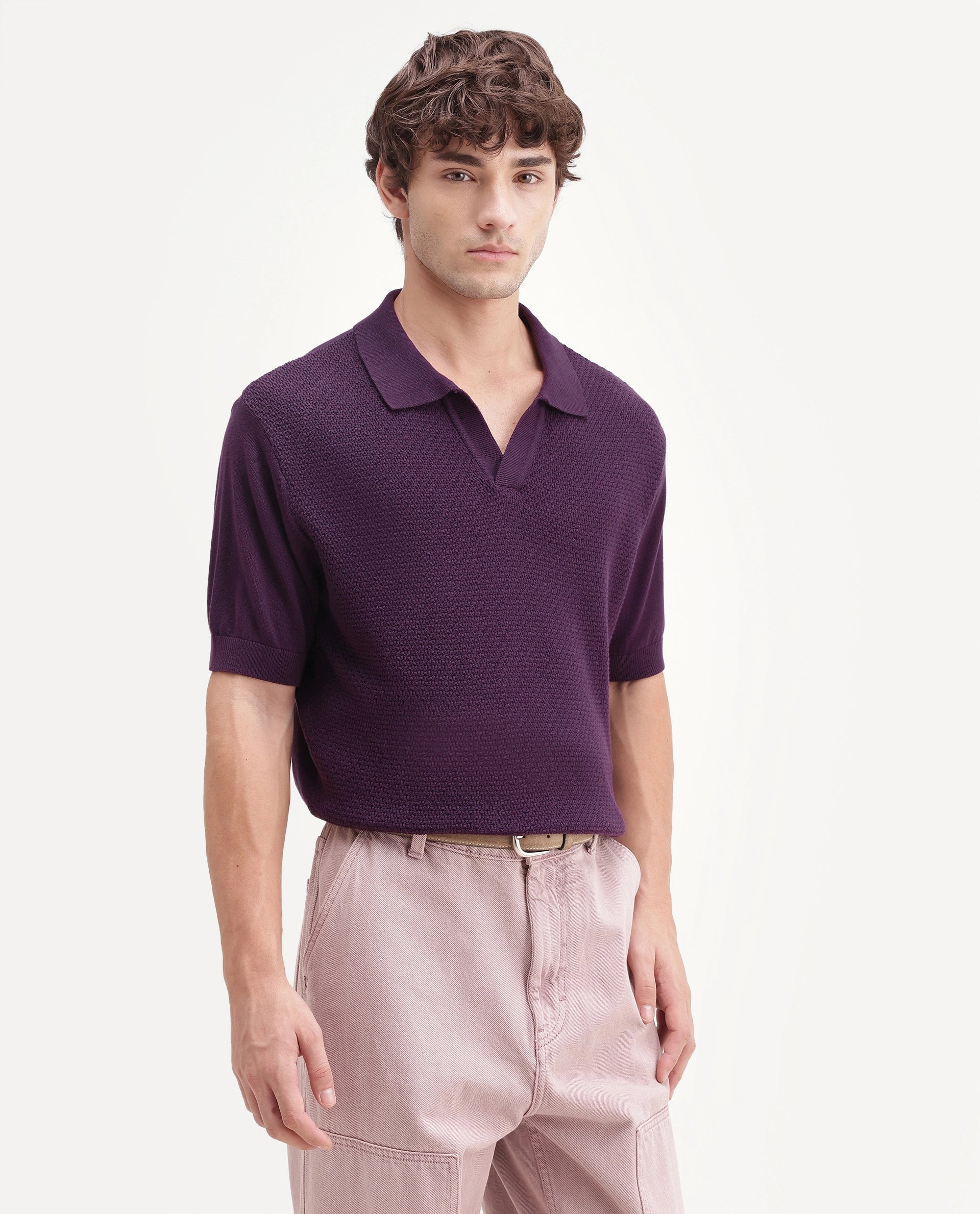 Rare Rabbit Men's Zegot Dark Purple Cotton Johnny Collar Regular Textured Polo