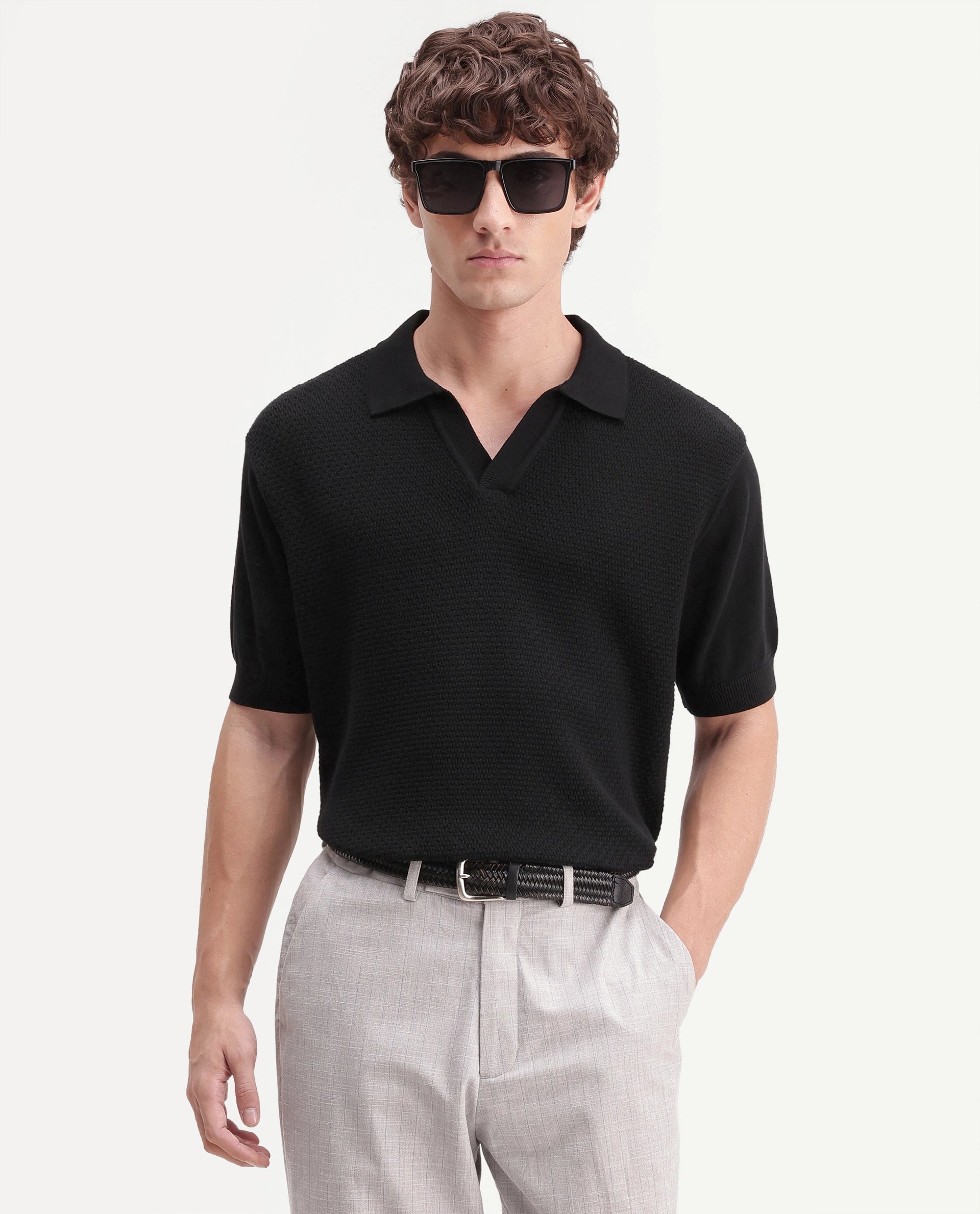 Rare Rabbit Men's Zegot Primary Black Cotton Johnny Collar Regular Textured Polo