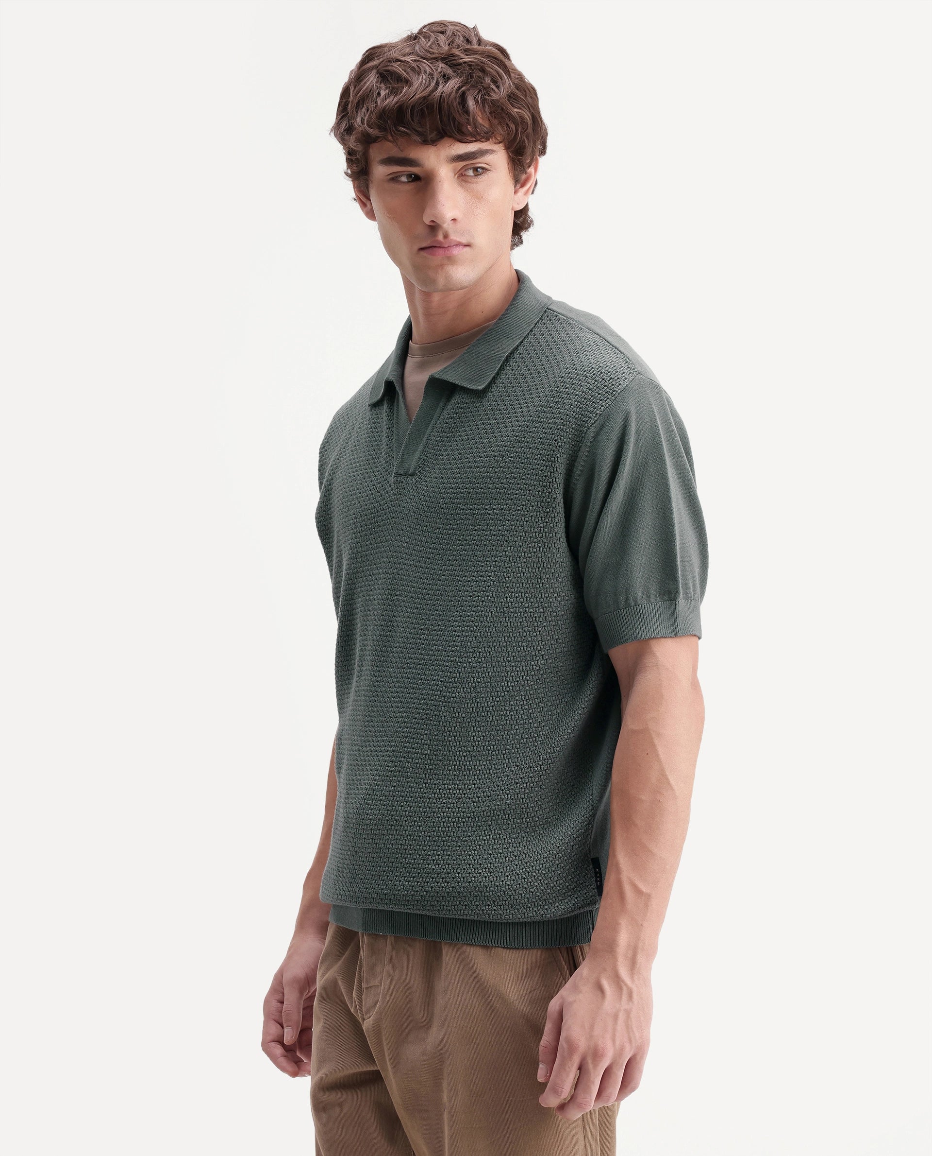 Rare Rabbit Men's Zegot Dark Green Cotton Johnny Collar Regular Textured Polo