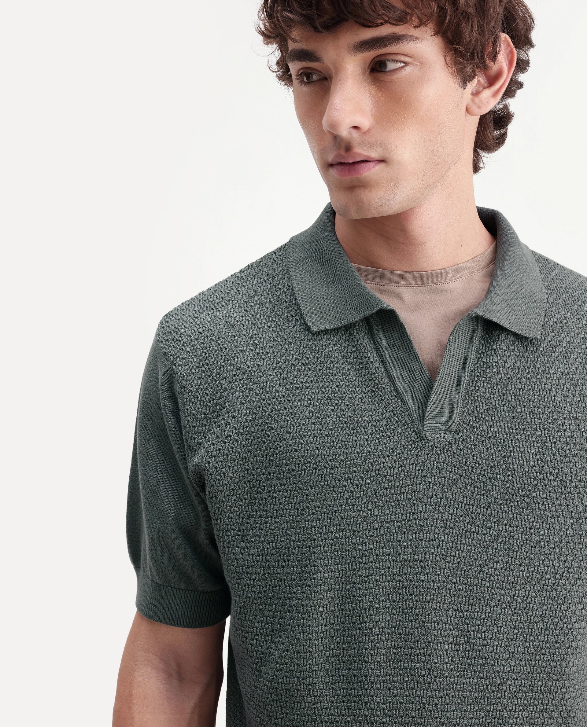 Rare Rabbit Men's Zegot Dark Green Cotton Johnny Collar Regular Textured Polo