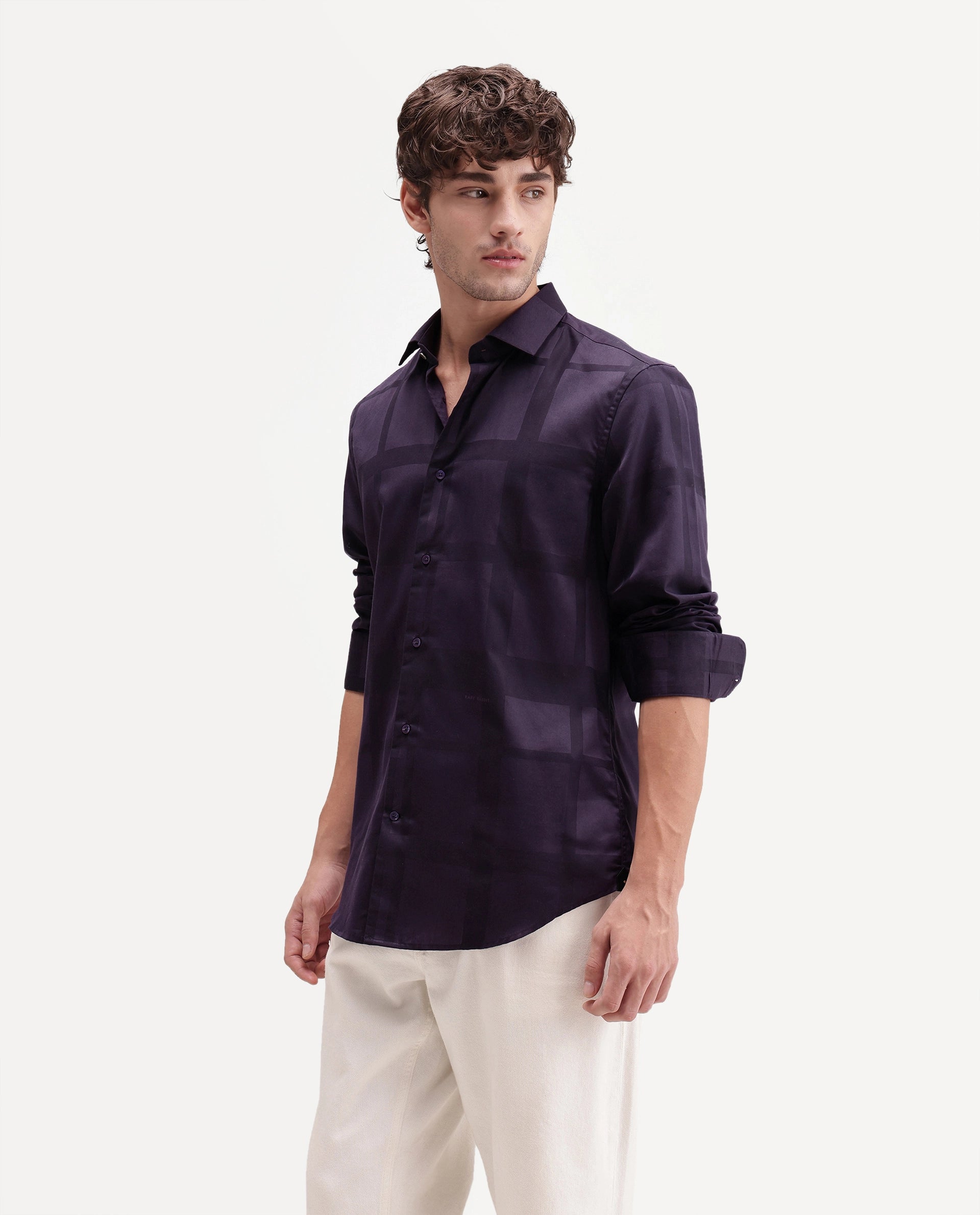 Rare Rabbit Men's Boxlet-Aw26 Dark Purple Cotton Blend Spread Collar Regular Fit Checked Shirt